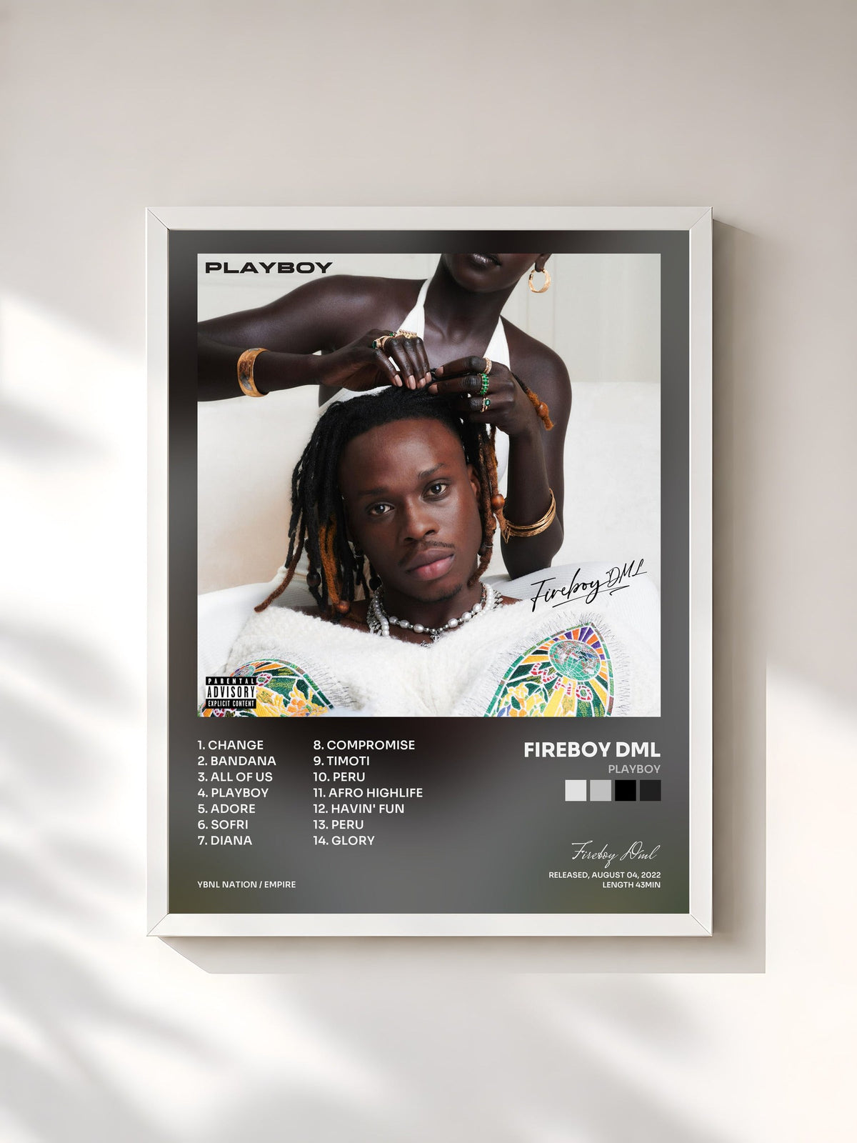 #blanc Tableau de l'album Playboy de Fireboy Dml, cadre blanc, imprimé et encadré en France