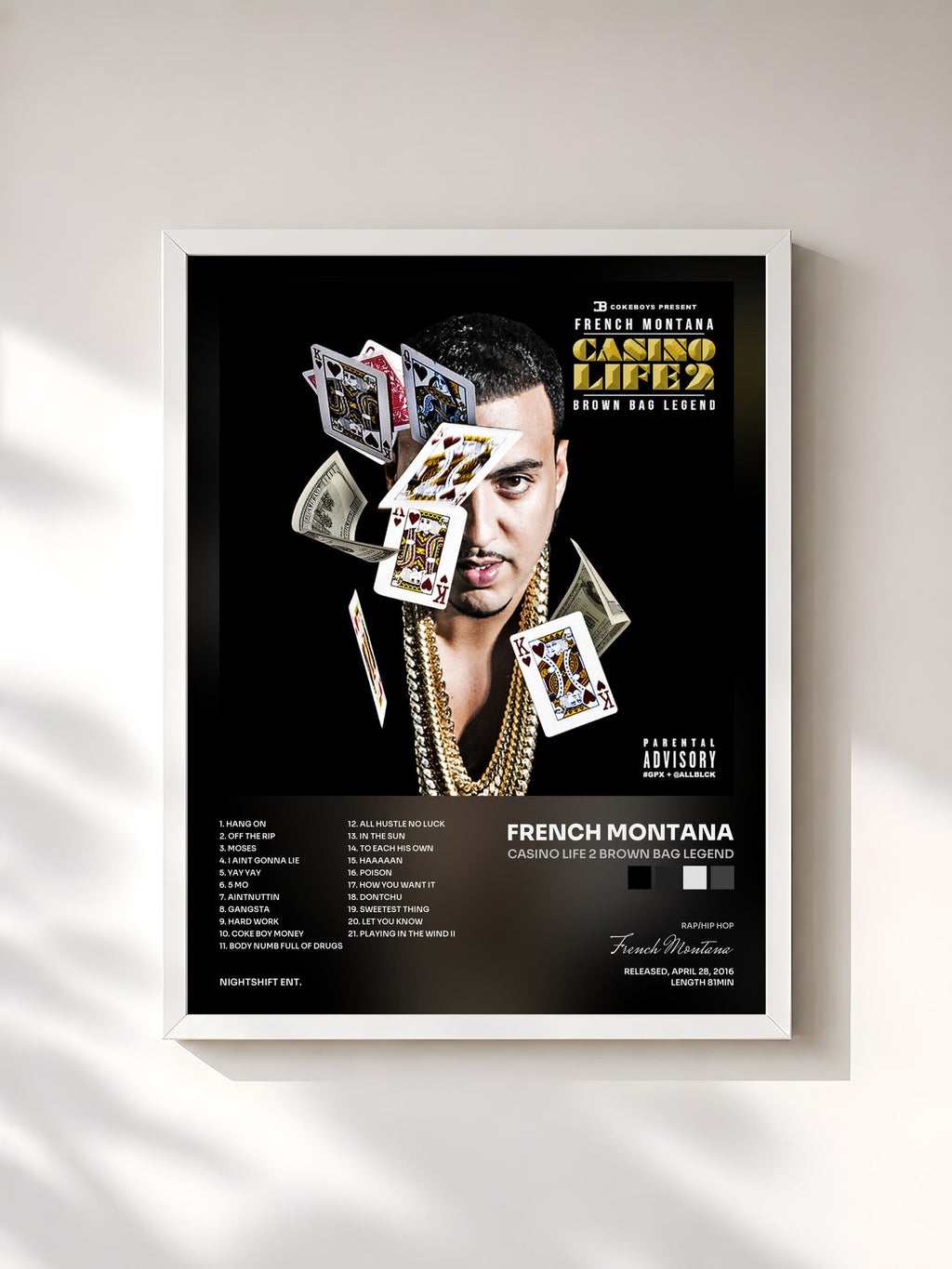 #blanc Casino Life 2 Brown Bag Legend von French Montana als gerahmter Kunstdruck, weißer Rahmen, gedruckt und gerahmt in Frankreich