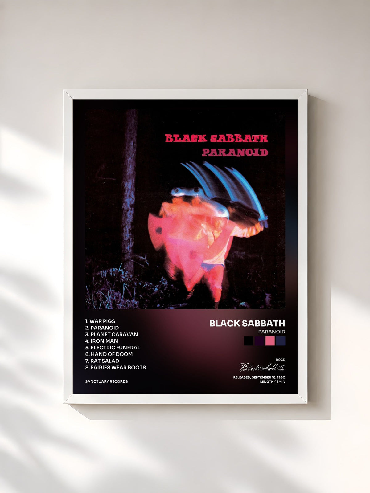 #blanc Tableau de l'album Paranoid de Black Sabbath, cadre blanc, imprimé et encadré en France