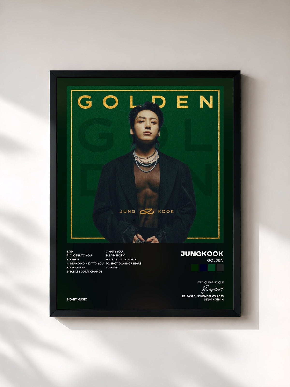 #noir Tableau de l'album GOLDEN de Jungkook, cadre noir, imprimé et encadré en France