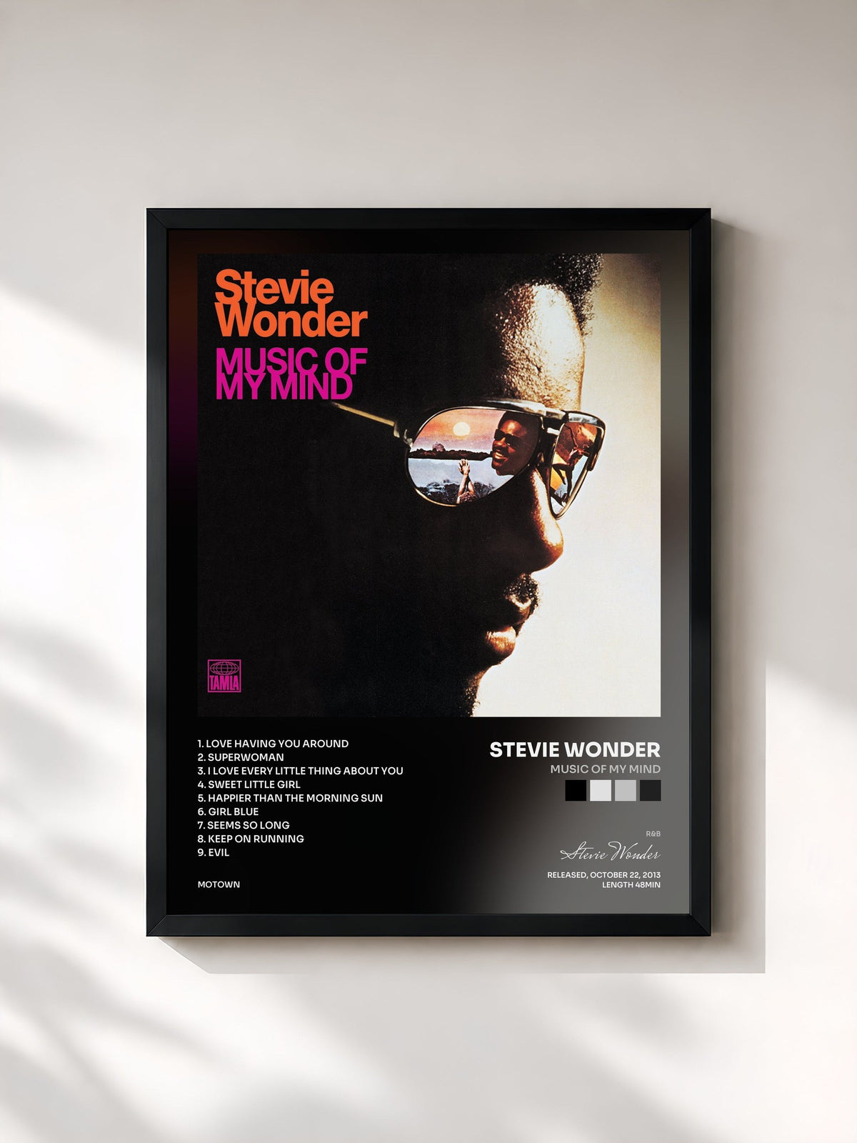 #noir Tableau de l'album Music Of My Mind de Stevie Wonder, cadre noir, imprimé et encadré en France