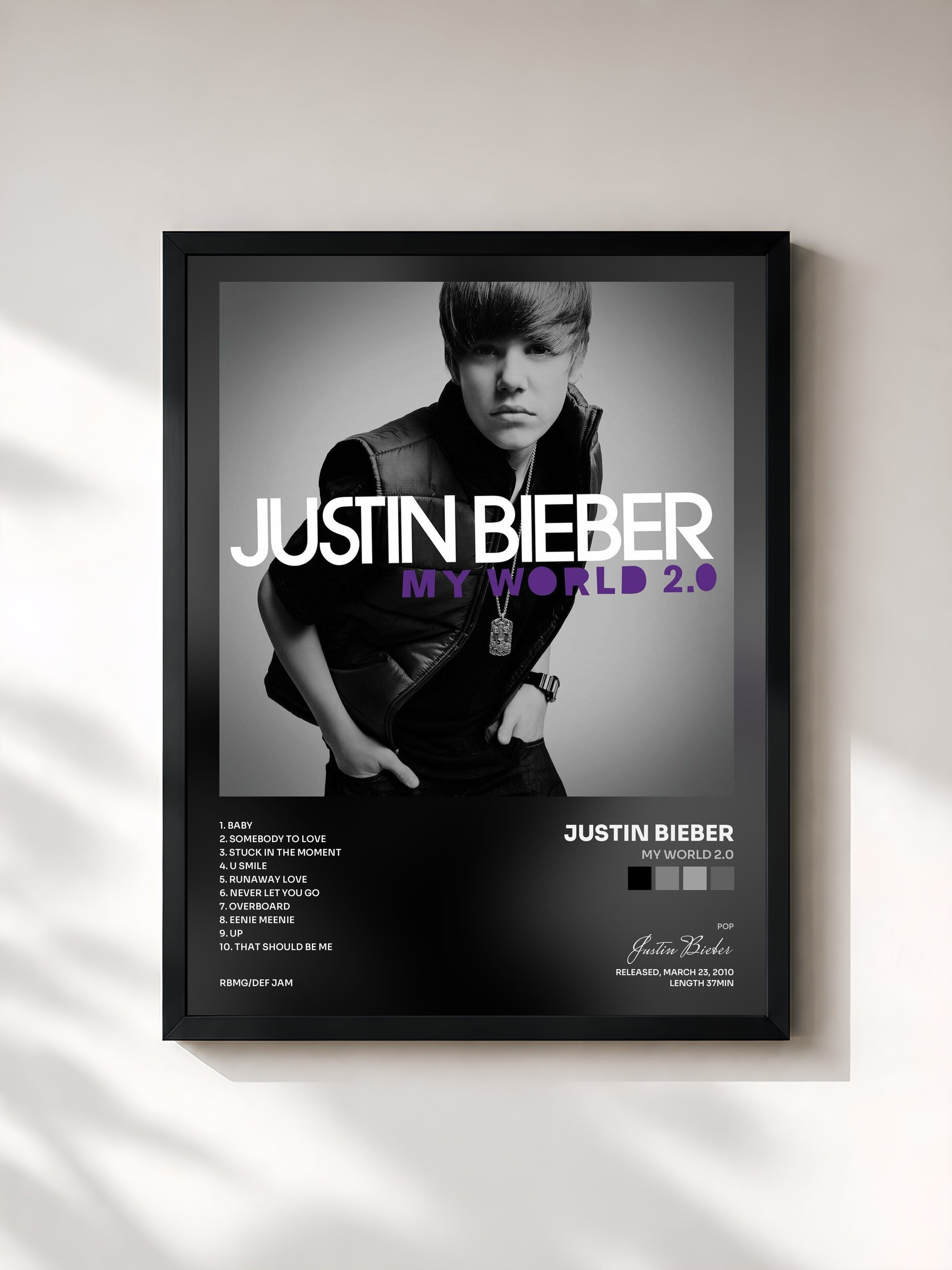 #noir Tableau de l'album My World 2.0 de Justin Bieber, cadre noir, imprimé et encadré en France