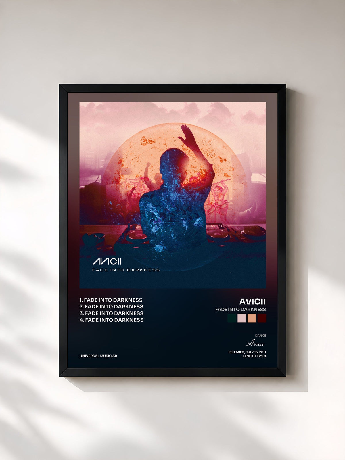 #noir Tableau de l'album Fade Into Darkness de Avicii, cadre noir, imprimé et encadré en France
