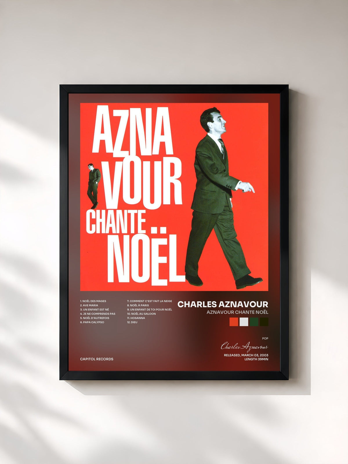 #noir Tableau de l'album Aznavour chante noël de Charles Aznavour, cadre noir, imprimé et encadré en France