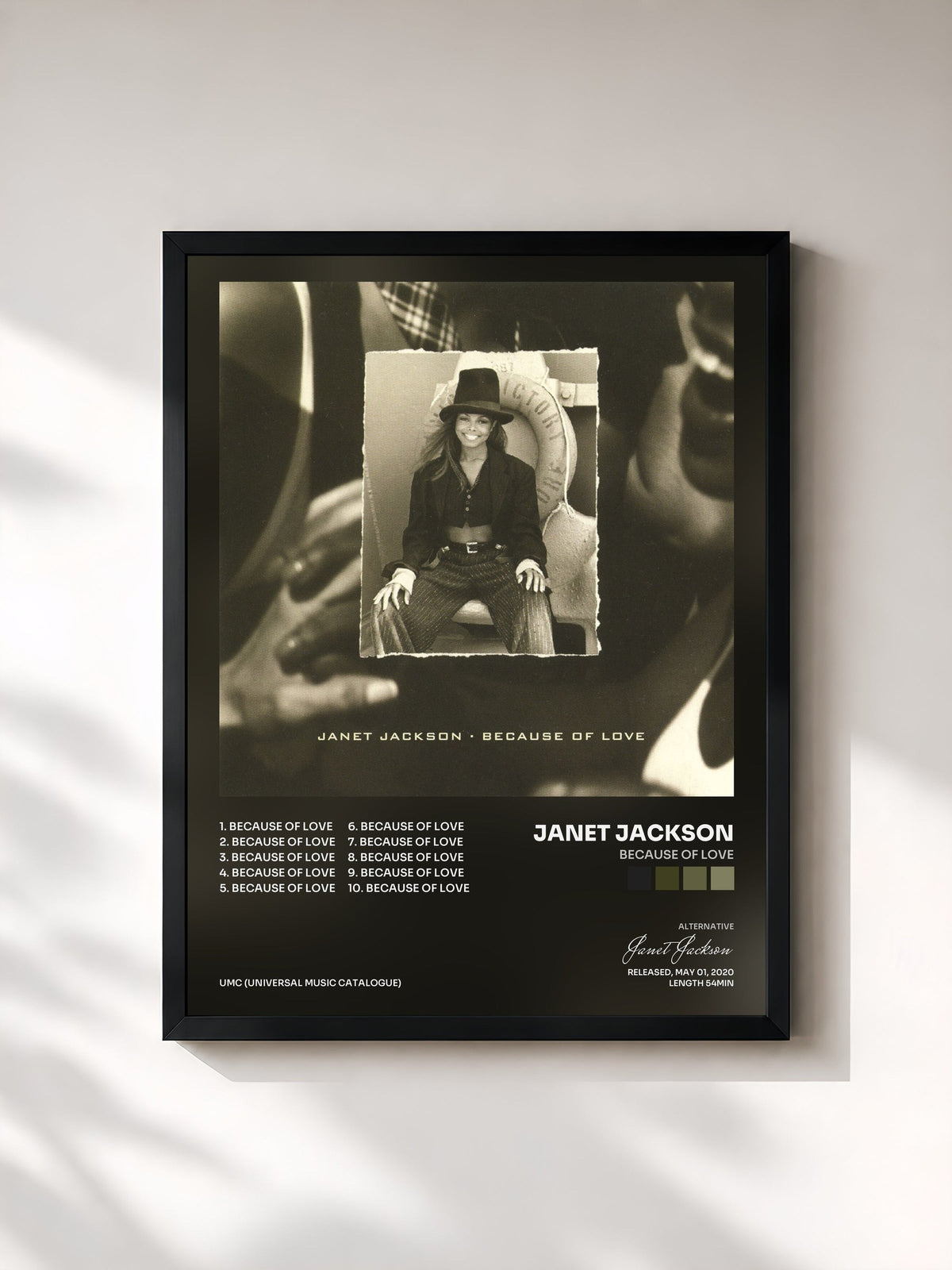 #noir Tableau de l'album Because Of Love de Janet Jackson, cadre noir, imprimé et encadré en France
