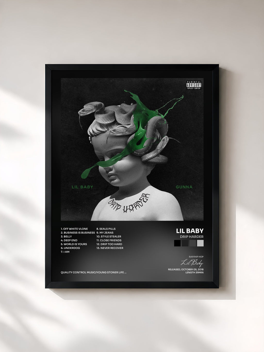 #noir Drip Harder de Lil Baby en lámina enmarcada, marco negro, impresa y enmarcada en Francia