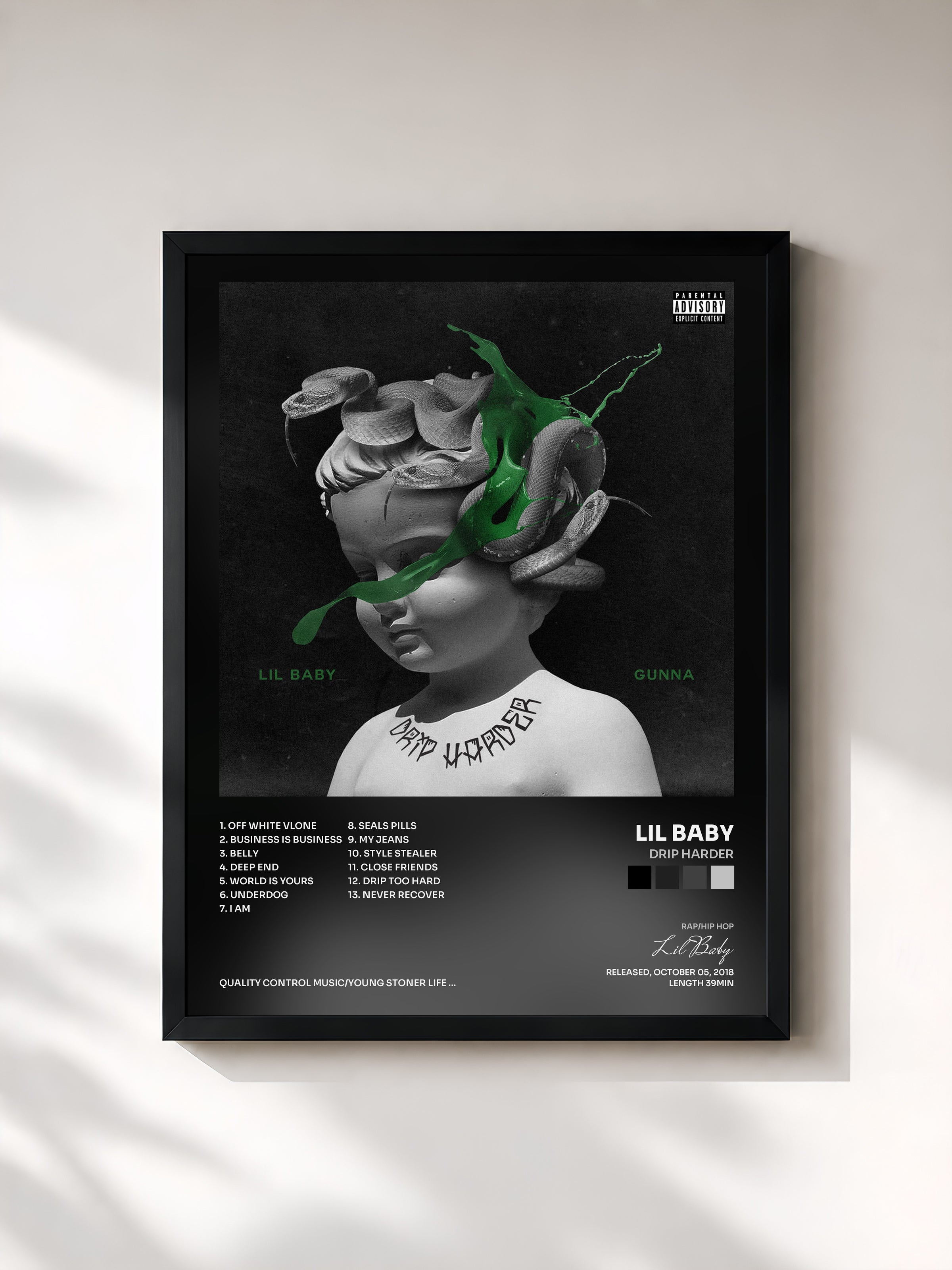 #noir Drip Harder by Lil Baby as a framed art print, black frame, printed and framed in France