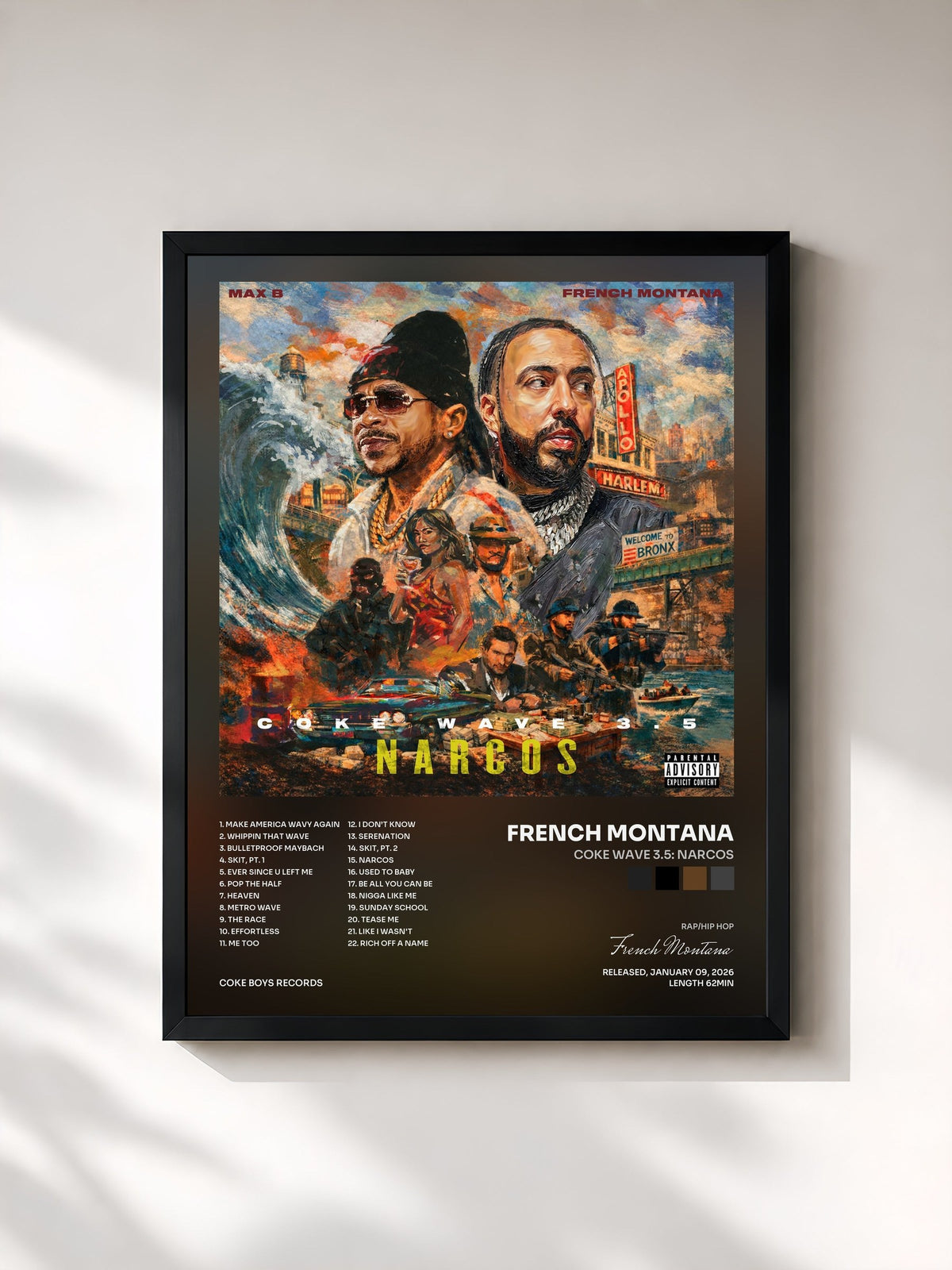 #noir Tableau de l'album Coke Wave 3.5: Narcos de French Montana, cadre noir, imprimé et encadré en France