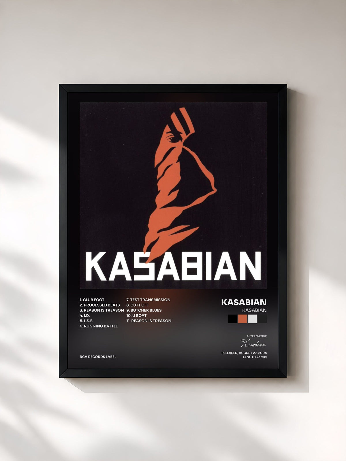 #noir Tableau de l'album Kasabian de Kasabian, cadre noir, imprimé et encadré en France
