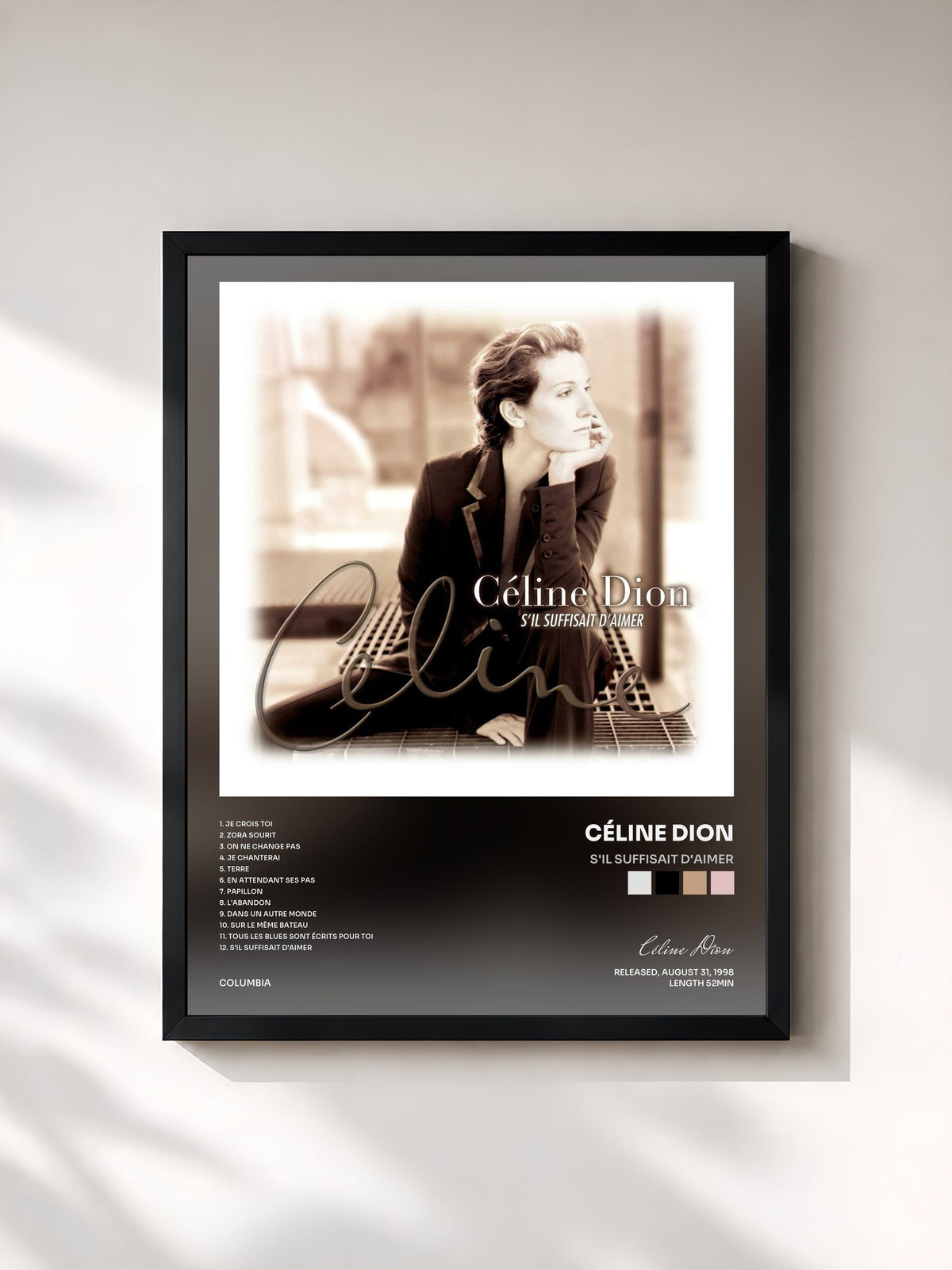 #noir Tableau de l'album S'il Suffisait D'aimer de Céline Dion, cadre noir, imprimé et encadré en France