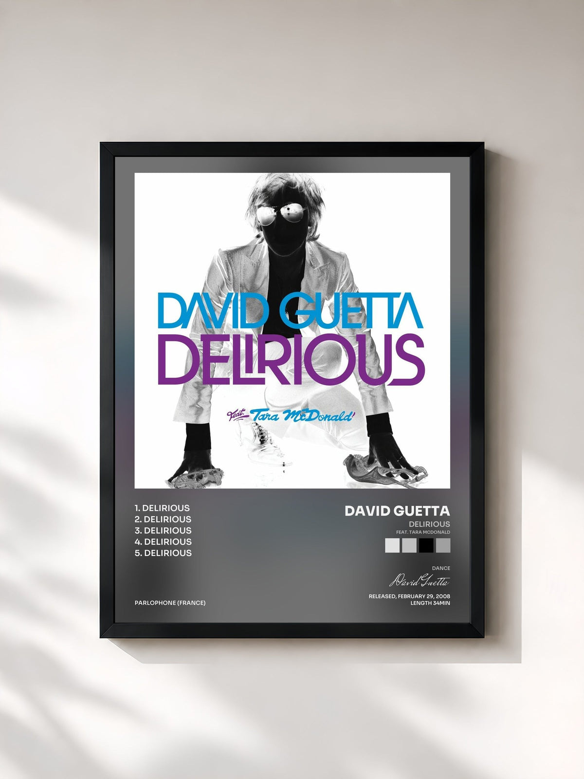 #noir Tableau de l'album Delirious (feat. Tara McDonald) de David Guetta, cadre noir, imprimé et encadré en France