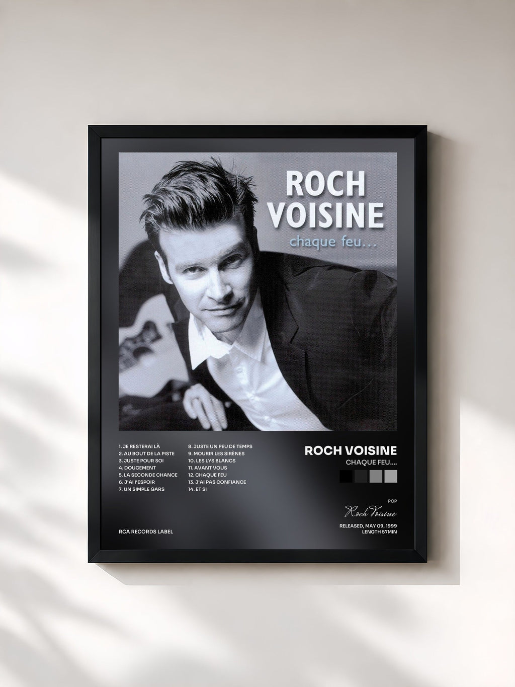 #noir Tableau de l'album Chaque Feu.... de Roch Voisine, cadre noir, imprimé et encadré en France