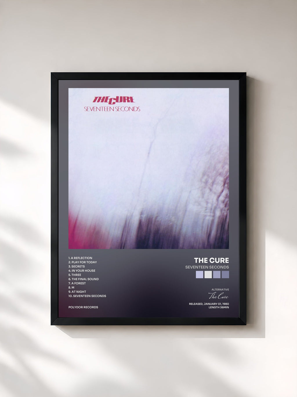 #noir Tableau de l'album Seventeen Seconds de The Cure, cadre noir, imprimé et encadré en France