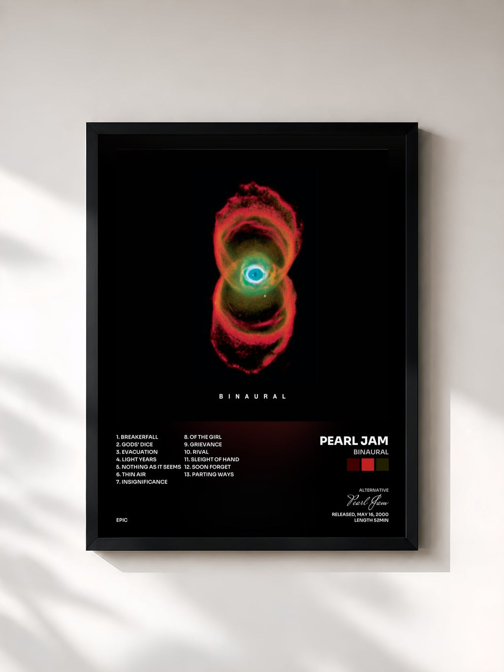 #noir Tableau de l'album Binaural de Pearl Jam, cadre noir, imprimé et encadré en France