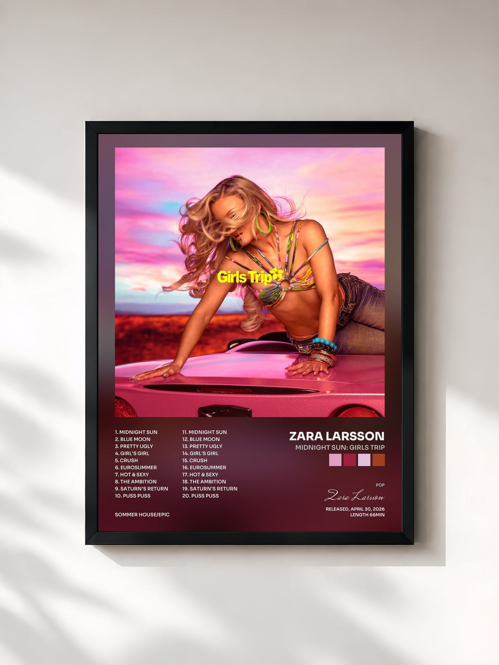 #noir Tableau de l'album Midnight Sun: Girls Trip de Zara Larsson, cadre noir, imprimé et encadré en France