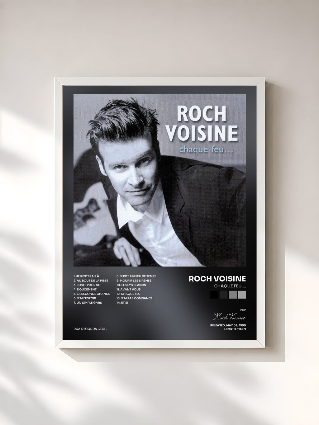 #blanc Tableau de l'album Chaque Feu.... de Roch Voisine, cadre blanc, imprimé et encadré en France