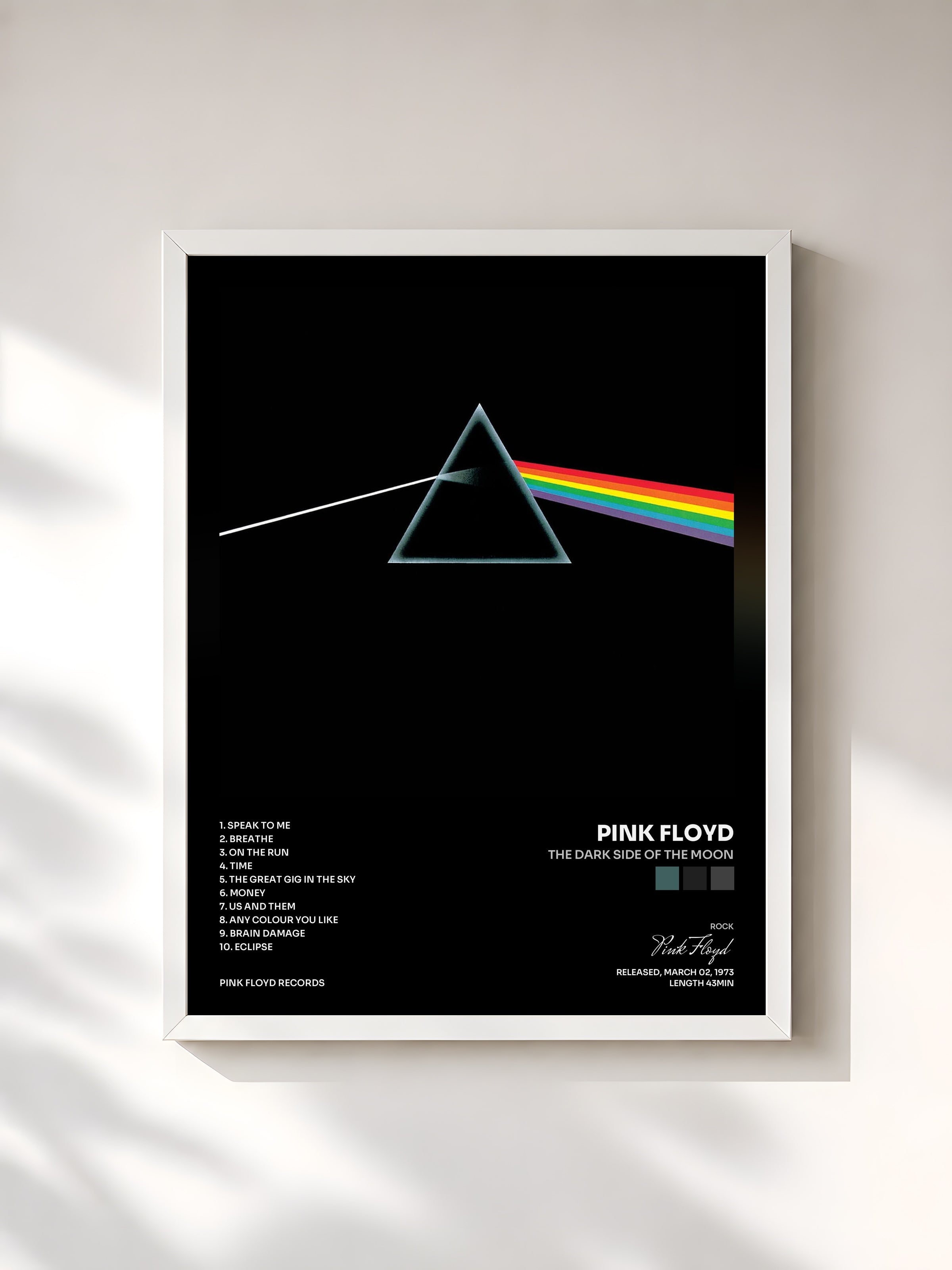 #blanc Tableau de l'album The Dark Side of the Moon de Pink Floyd, cadre blanc, imprimé et encadré en France