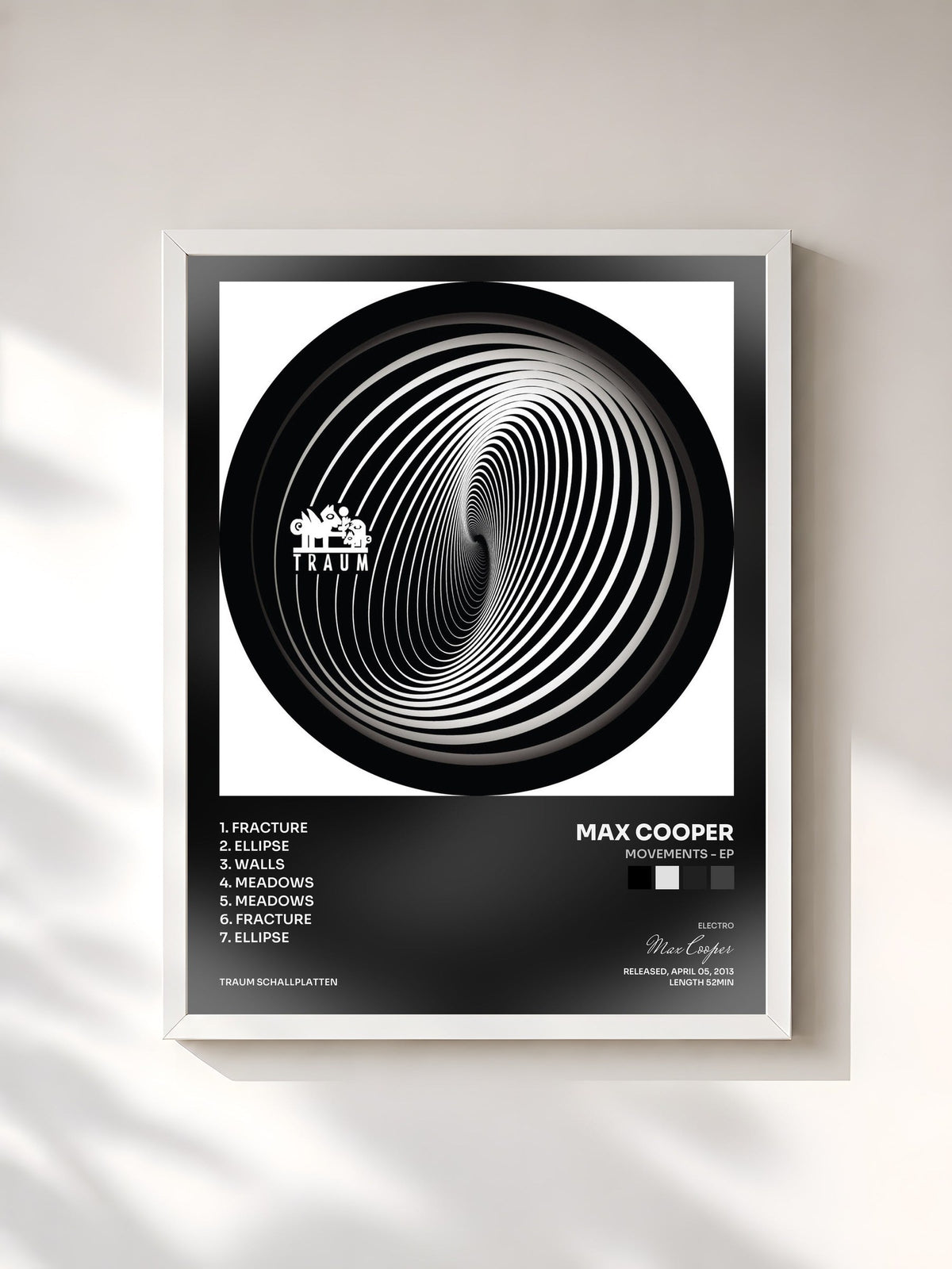 #blanc Tableau de l'album Movements - EP de Max Cooper, cadre blanc, imprimé et encadré en France