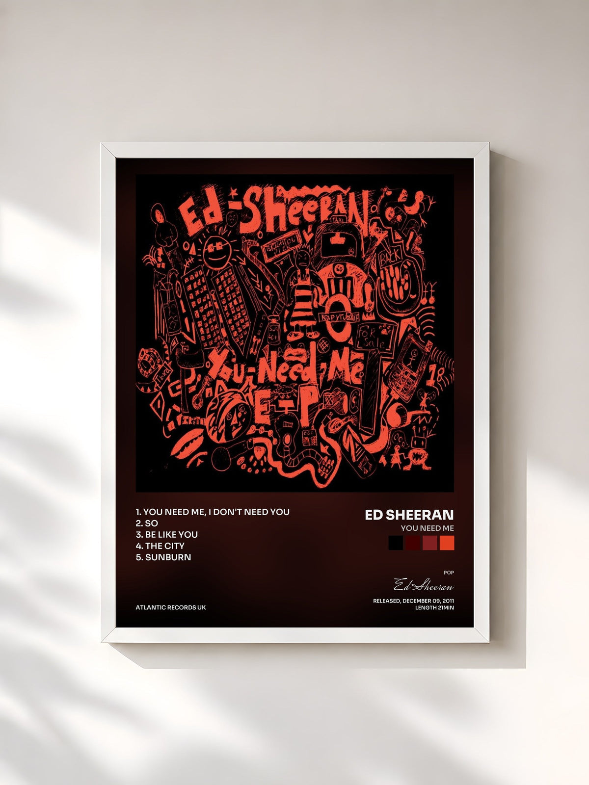 #blanc Tableau de l'album You Need Me de Ed Sheeran, cadre blanc, imprimé et encadré en France