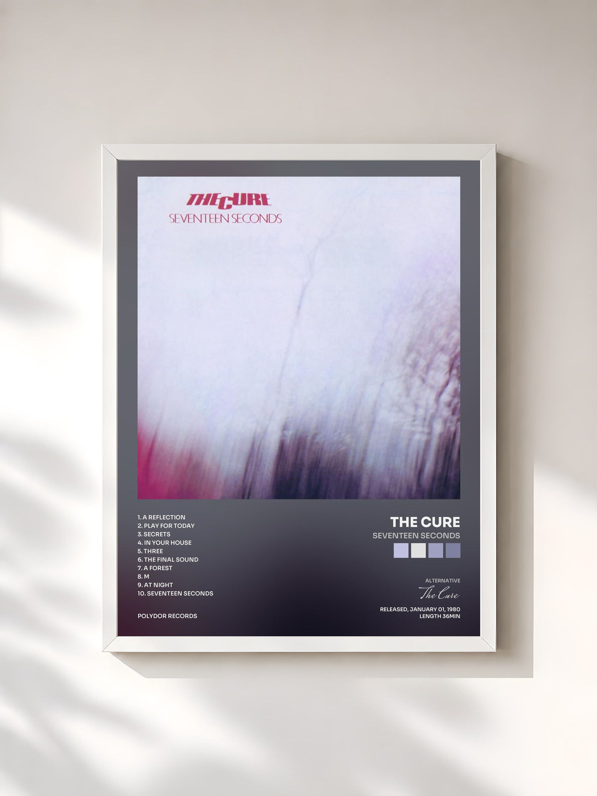 #blanc Tableau de l'album Seventeen Seconds de The Cure, cadre blanc, imprimé et encadré en France