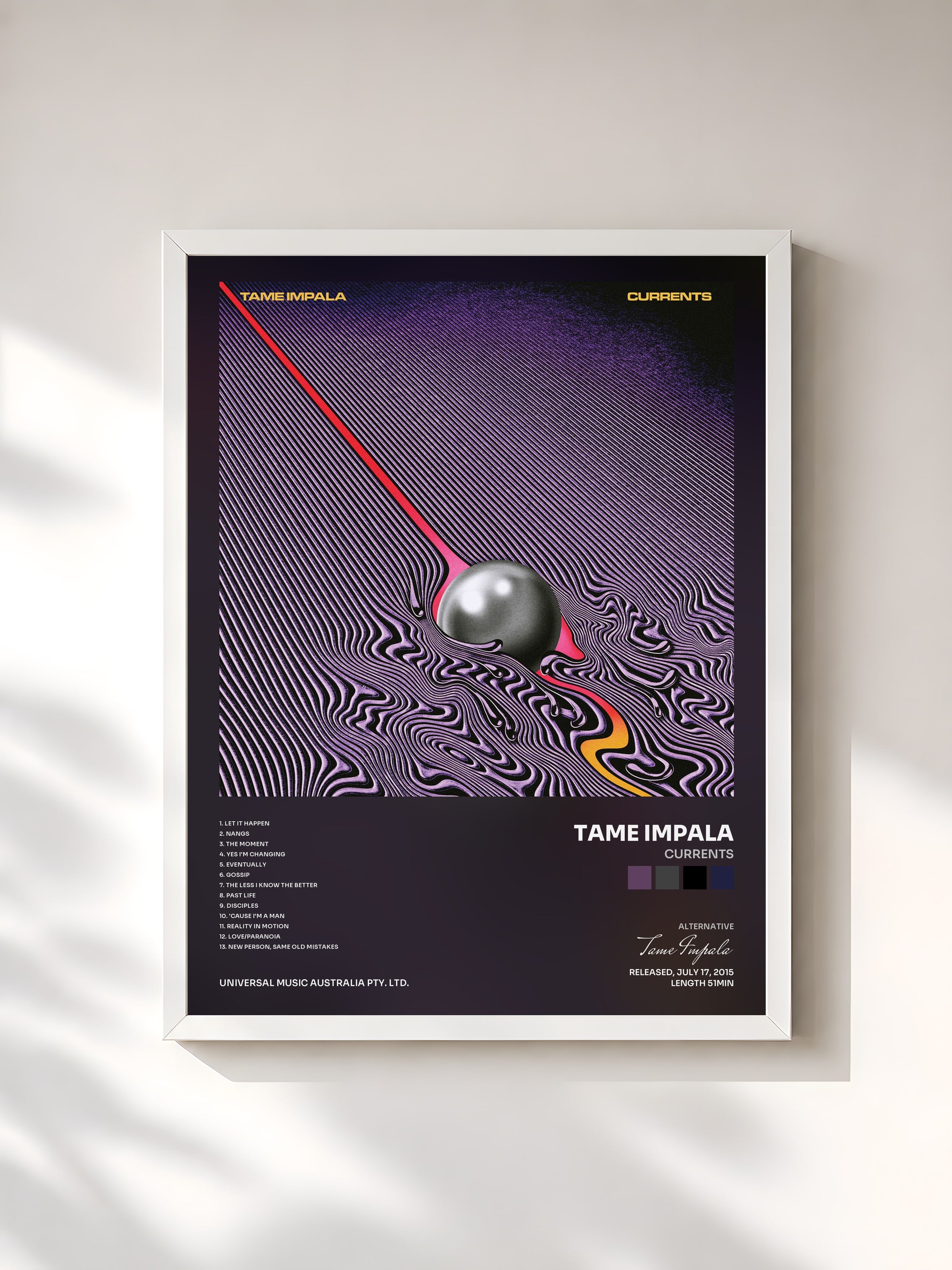 #blanc Tableau de l'album Currents de Tame Impala, cadre blanc, imprimé et encadré en France