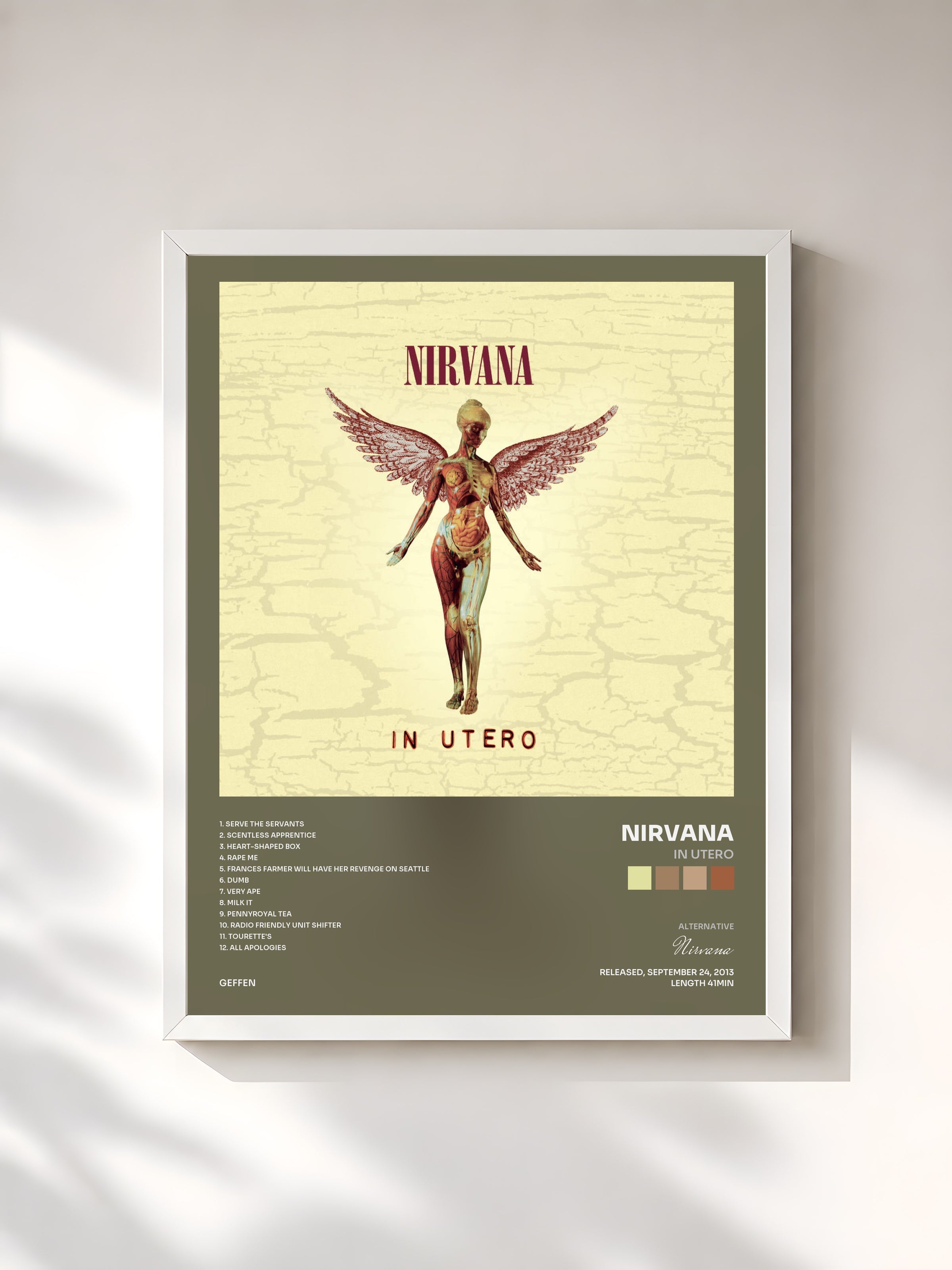 #blanc Tableau de l'album In Utero de Nirvana, cadre blanc, imprimé et encadré en France