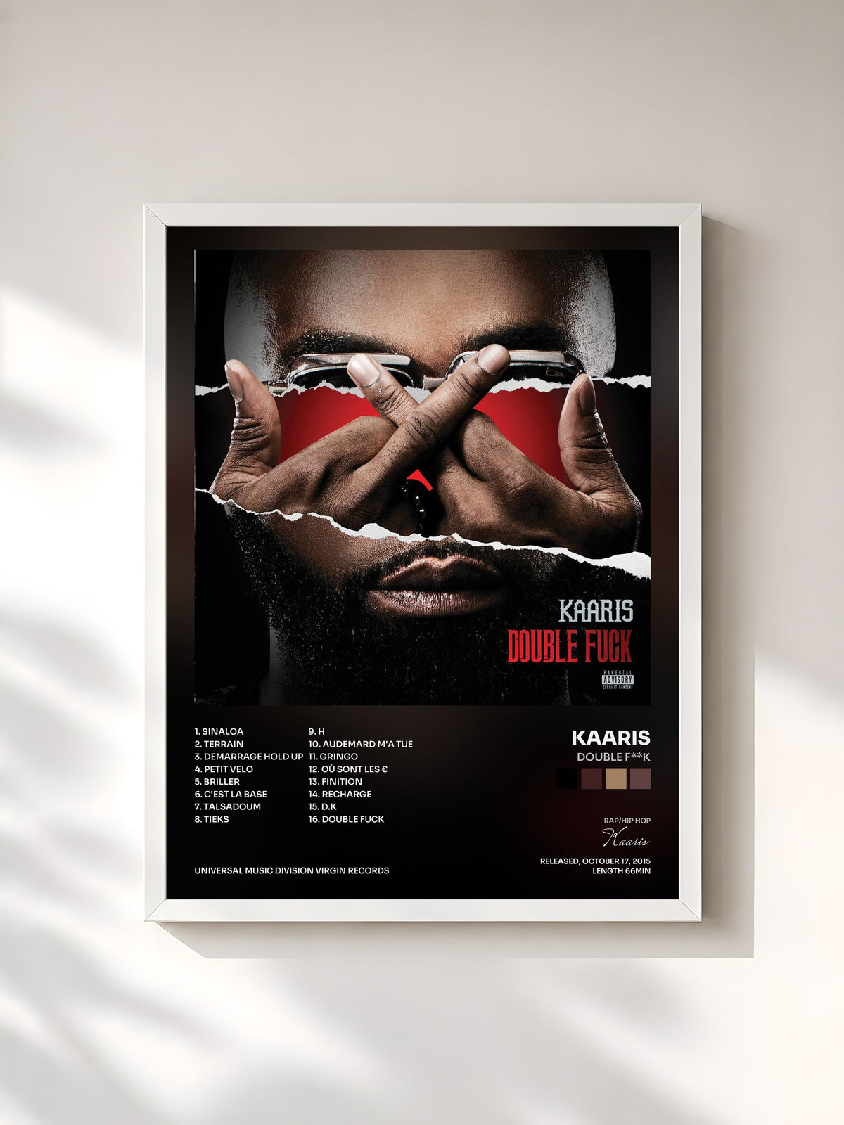 #blanc Tableau de l'album Double F**k de Kaaris, cadre blanc, imprimé et encadré en France
