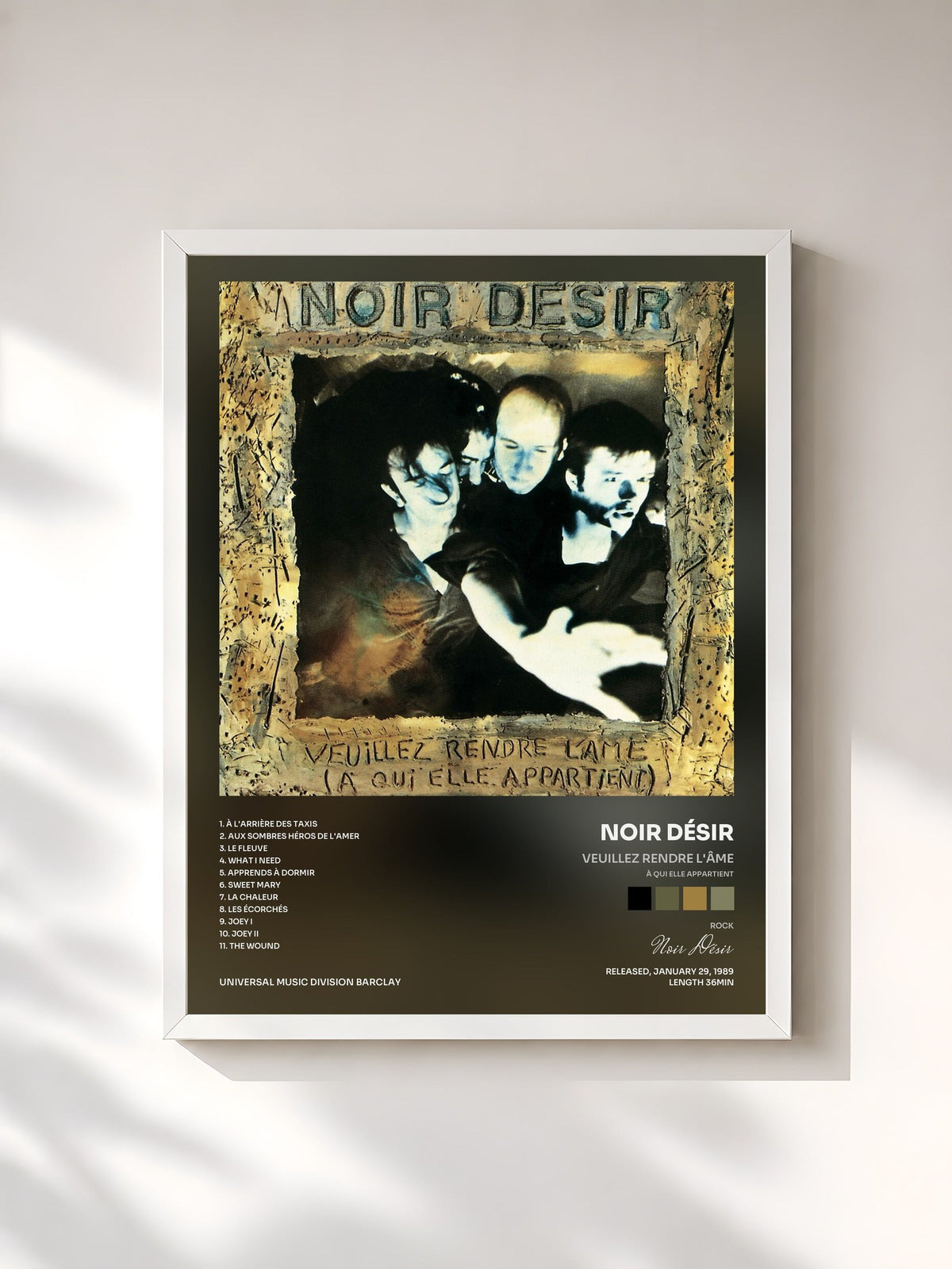#blanc Tableau de l'album Veuillez rendre l'âme (à qui elle appartient) de Noir Désir, cadre blanc, imprimé et encadré en France