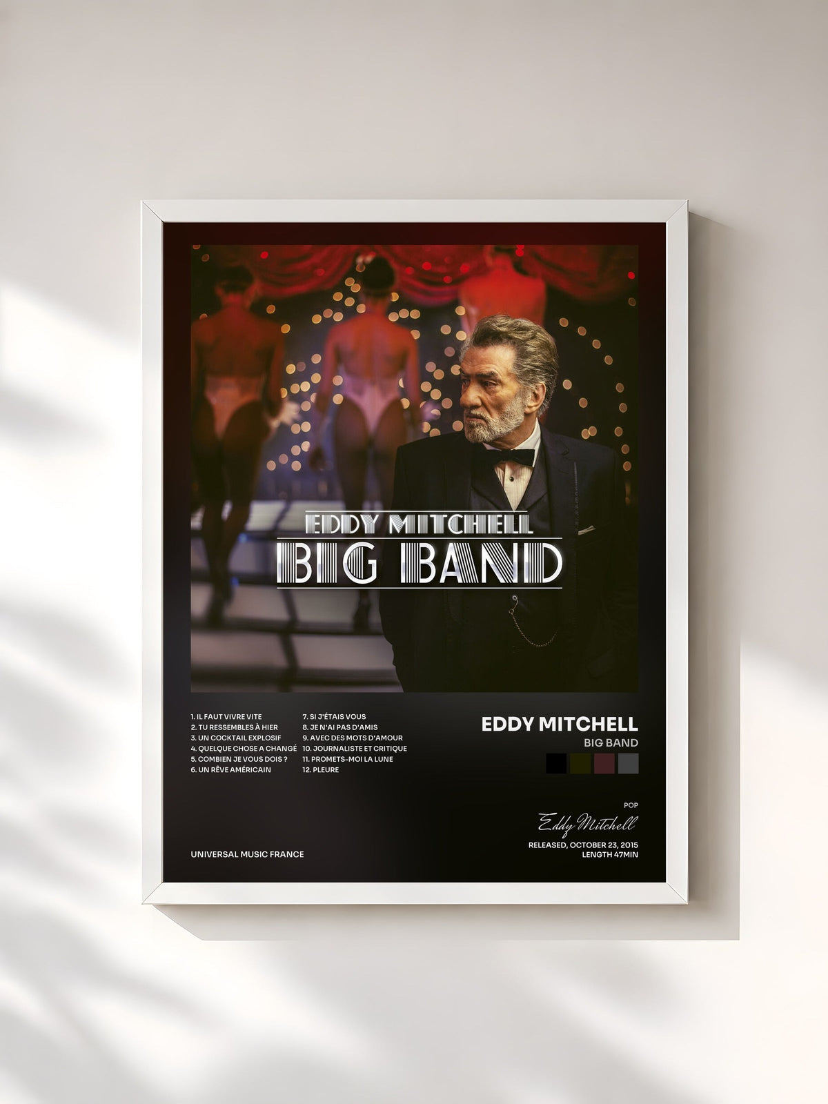 #blanc Tableau de l'album Big Band de Eddy Mitchell, cadre blanc, imprimé et encadré en France