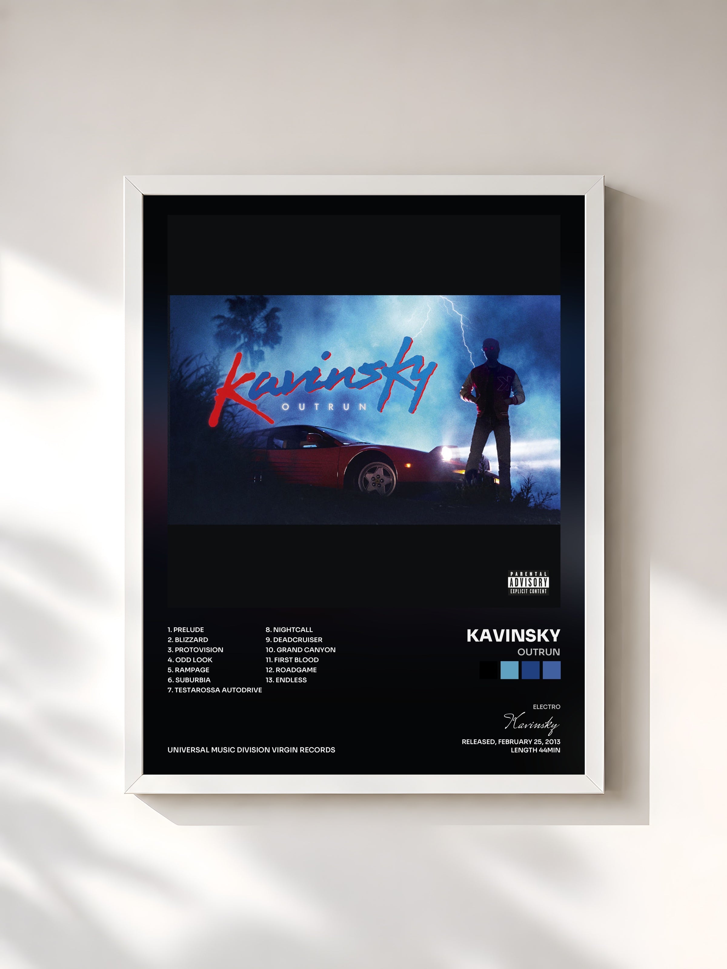 #blanc Tableau de l'album OutRun de Kavinsky, cadre blanc, imprimé et encadré en France