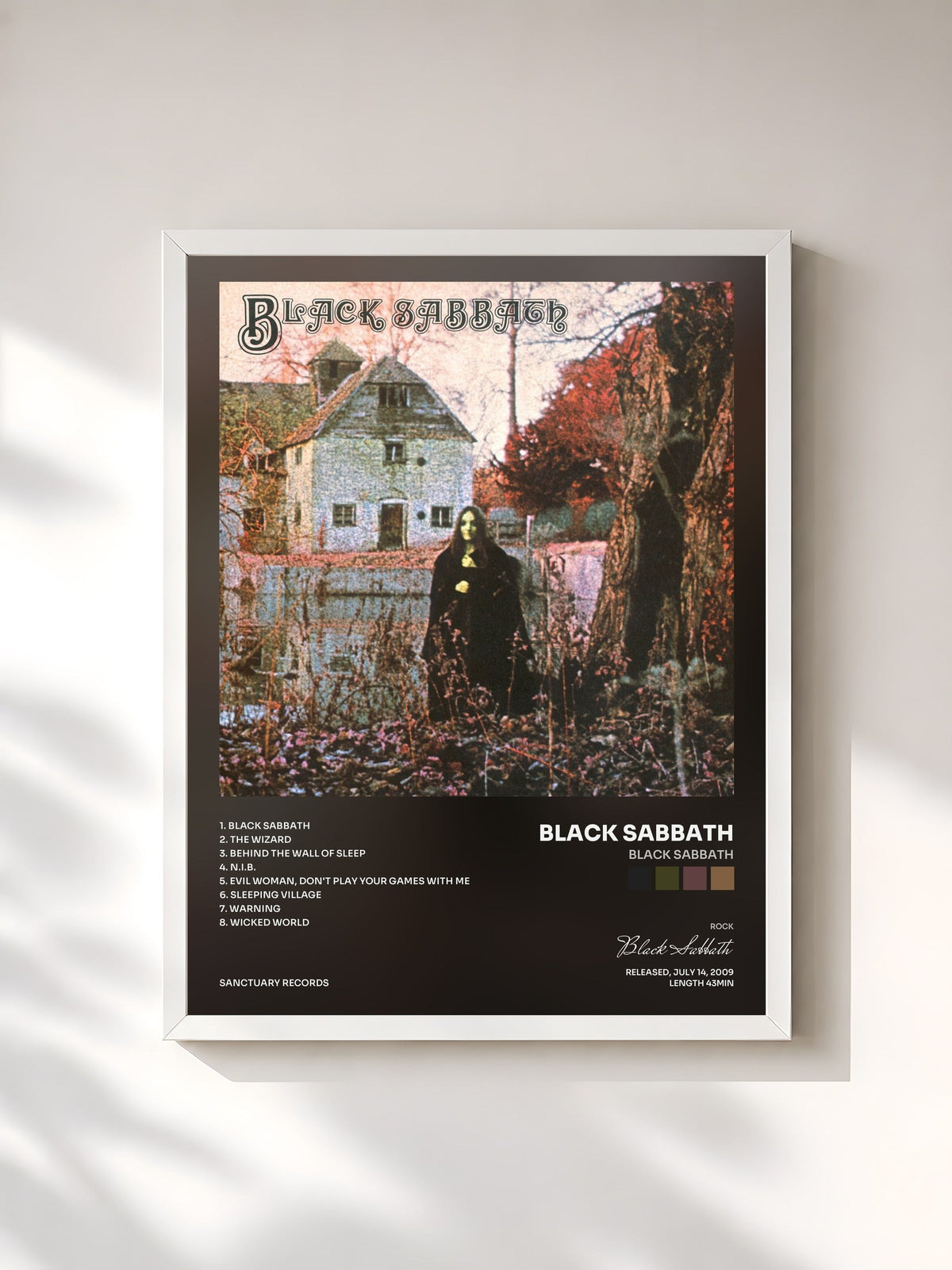 #blanc Tableau de l'album Black Sabbath de Black Sabbath, cadre blanc, imprimé et encadré en France