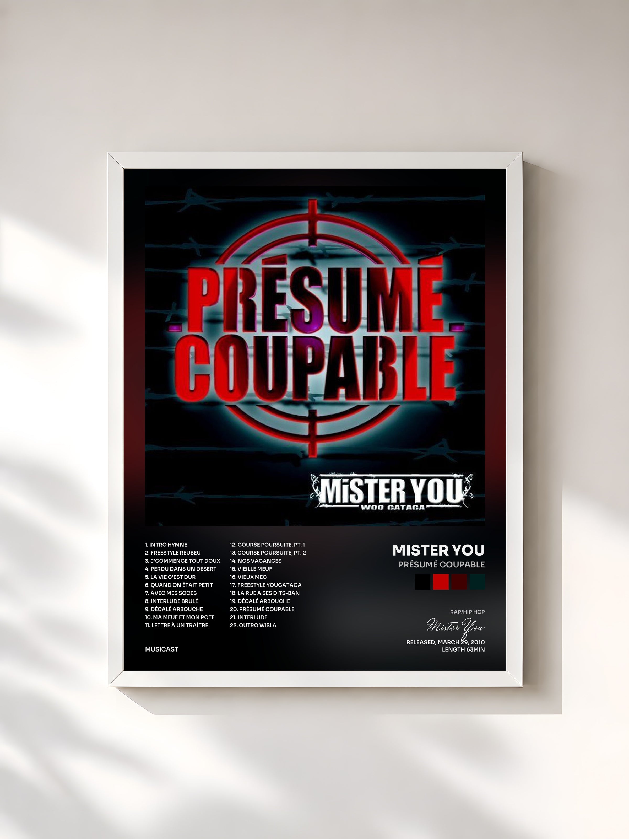#blanc Présumé coupable by Mister You as a framed art print, white frame, printed and framed in France