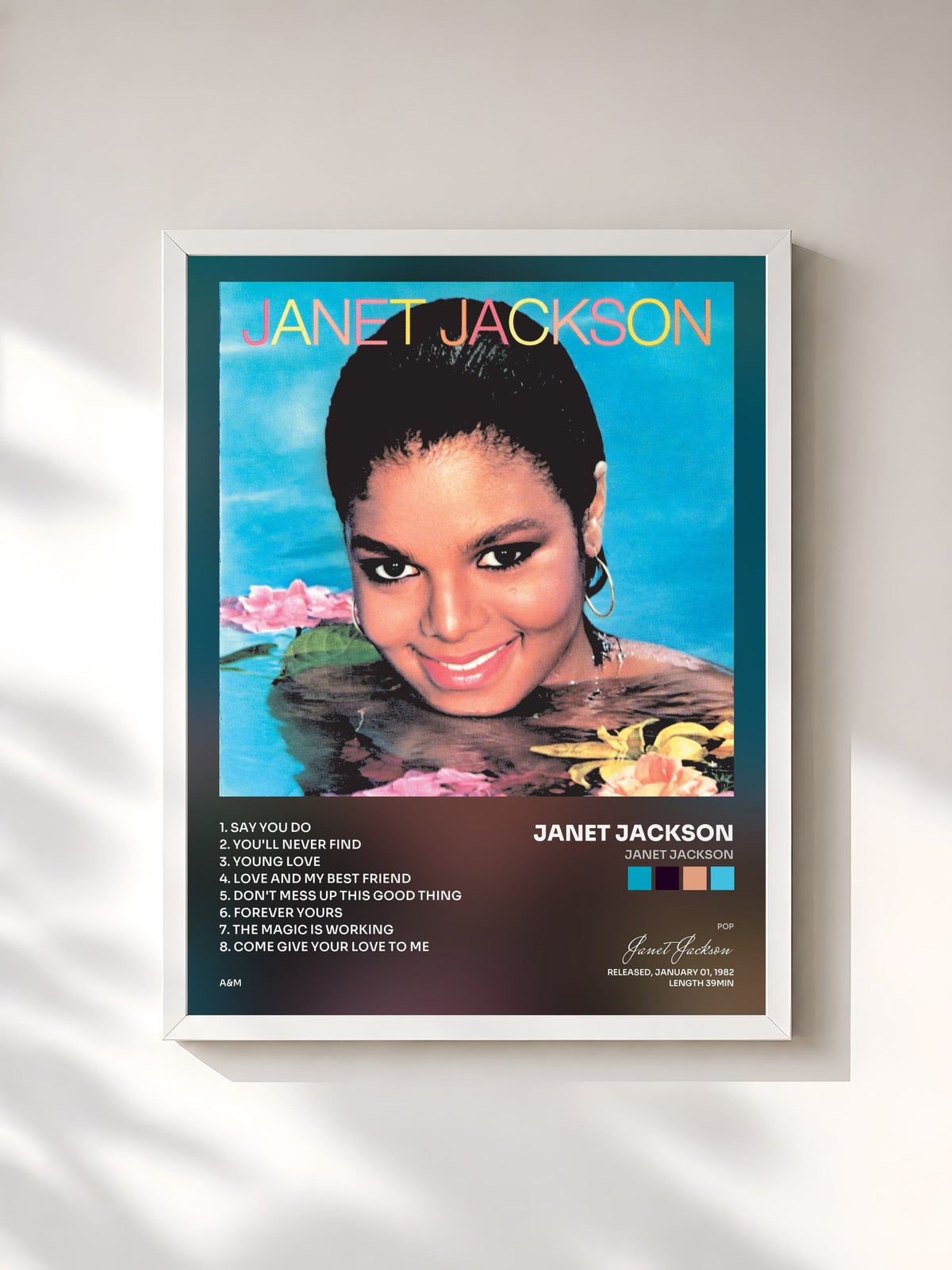 #blanc Tableau de l'album Janet Jackson de Janet Jackson, cadre blanc, imprimé et encadré en France