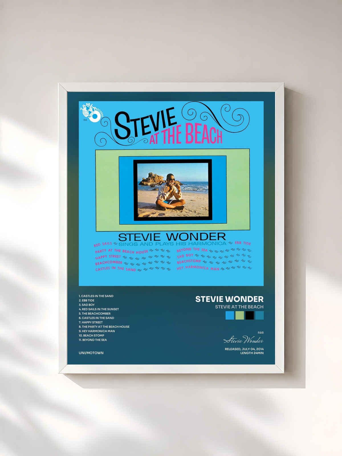 #blanc Tableau de l'album Stevie At The Beach de Stevie Wonder, cadre blanc, imprimé et encadré en France