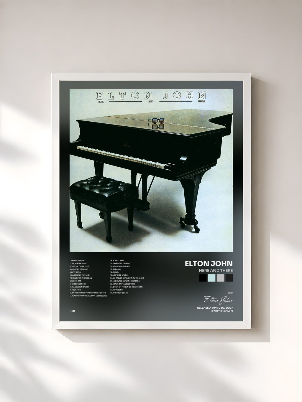 #blanc Tableau de l'album Here And There de Elton John, cadre blanc, imprimé et encadré en France
