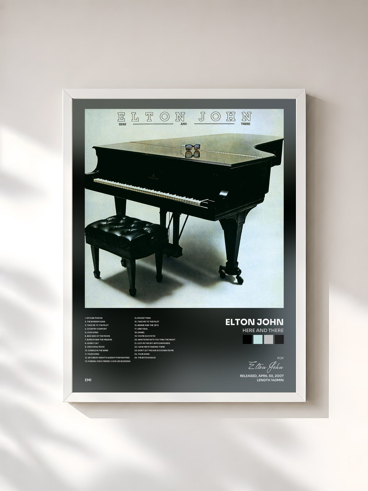 #blanc Tableau de l'album Here And There de Elton John, cadre blanc, imprimé et encadré en France