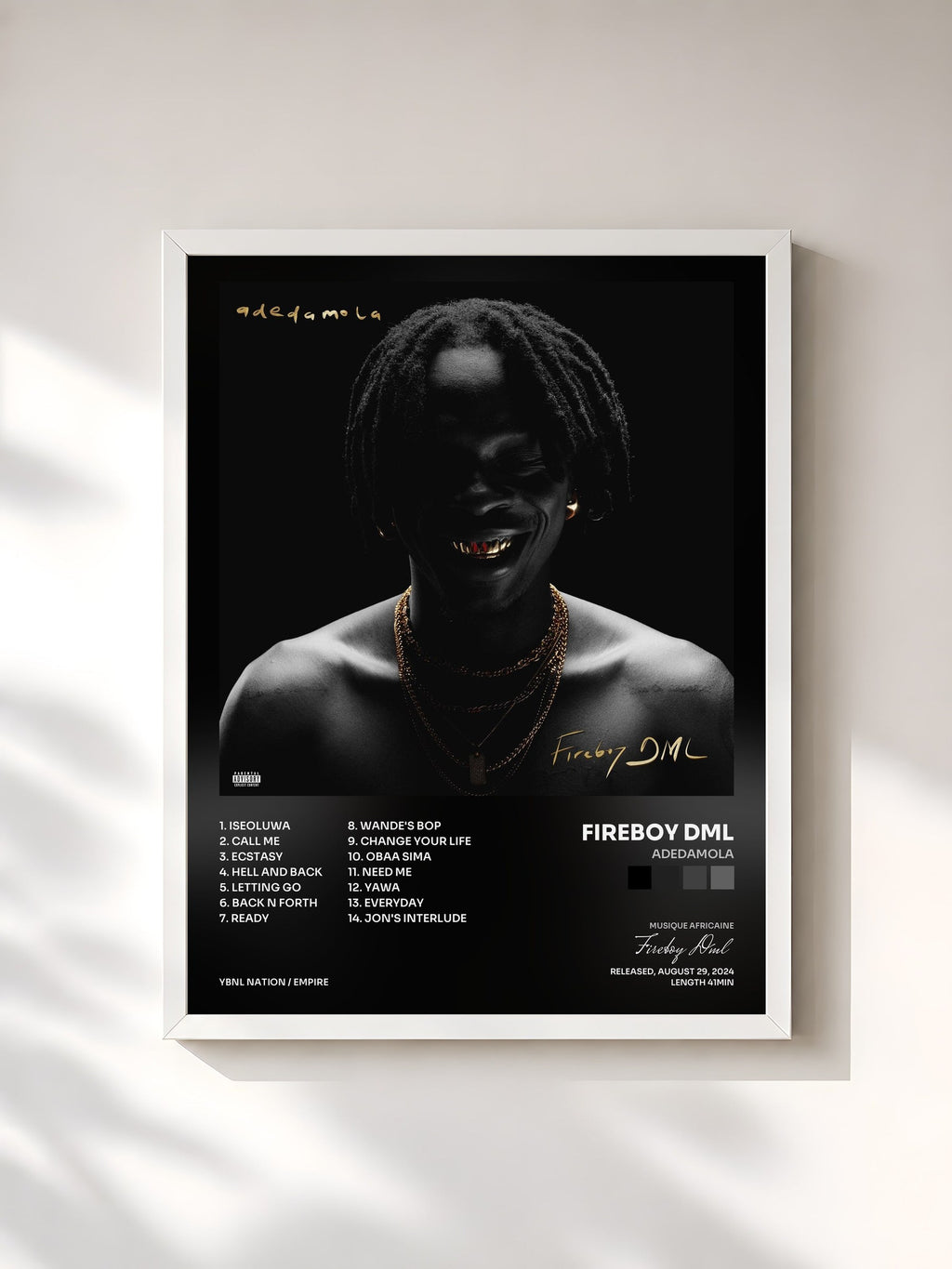 #blanc Tableau de l'album adedamola de Fireboy Dml, cadre blanc, imprimé et encadré en France