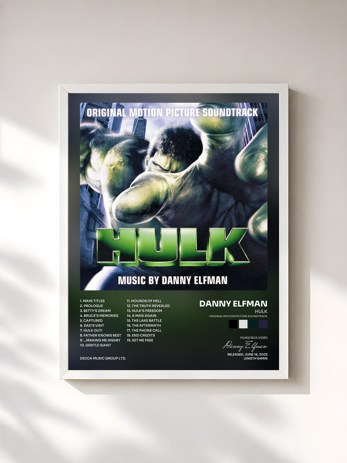 #blanc Tableau de l'album Hulk (Original Motion Picture Soundtrack) de Danny Elfman, cadre blanc, imprimé et encadré en France