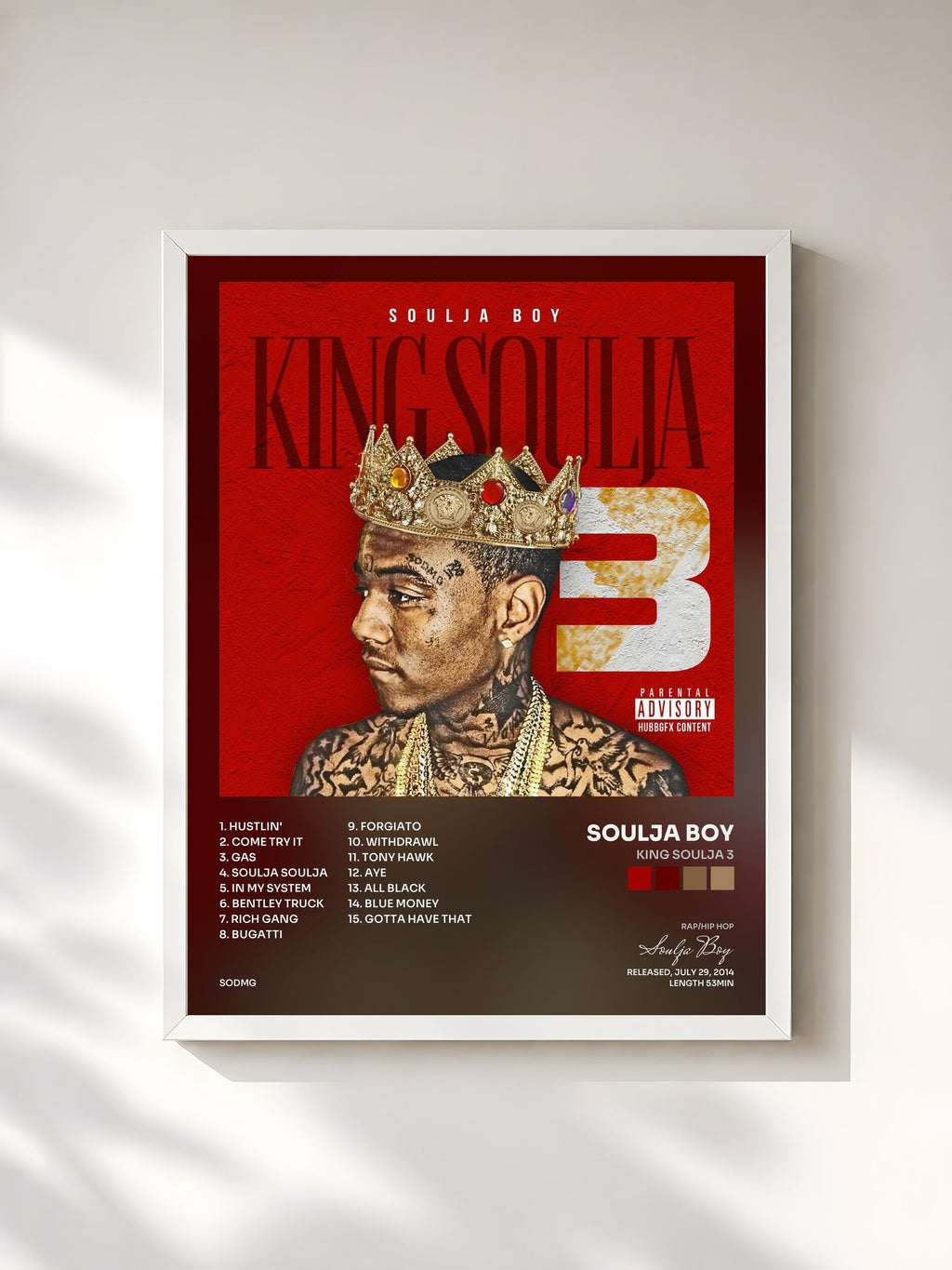 #blanc Tableau de l'album King Soulja 3 de Soulja Boy, cadre blanc, imprimé et encadré en France