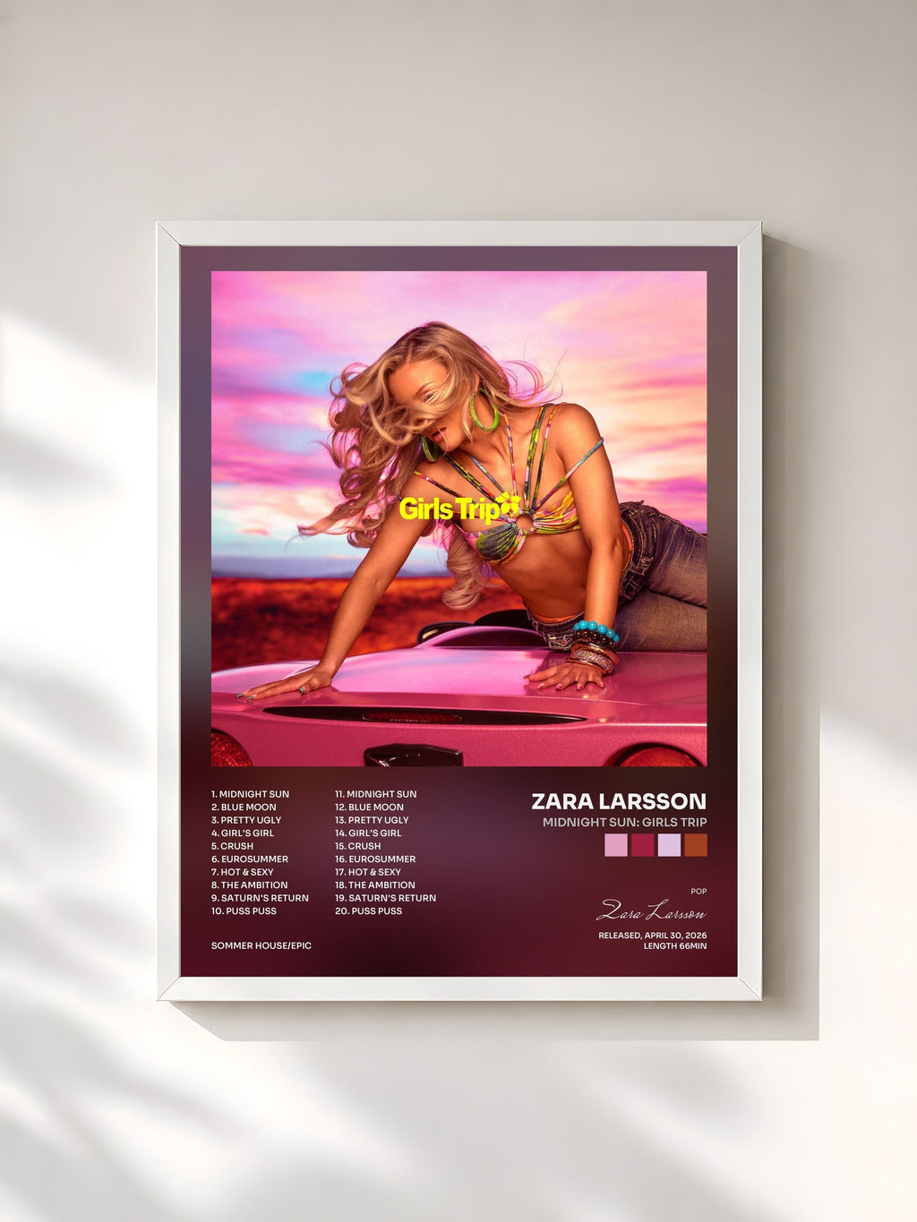 #blanc Tableau de l'album Midnight Sun: Girls Trip de Zara Larsson, cadre blanc, imprimé et encadré en France