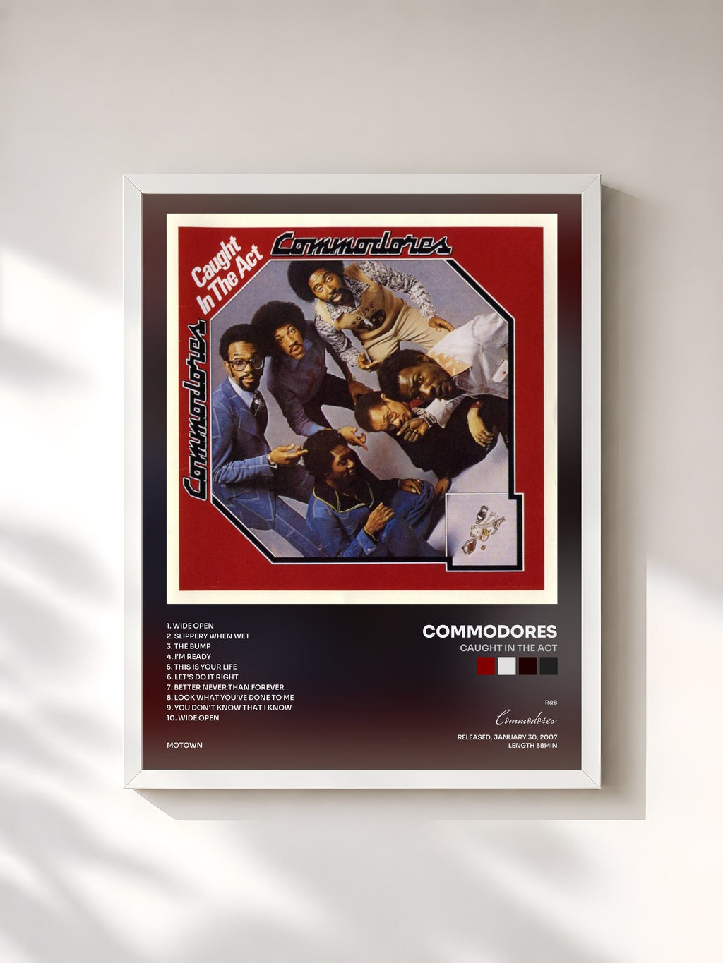 #blanc Tableau de l'album Caught In The Act de Commodores, cadre blanc, imprimé et encadré en France