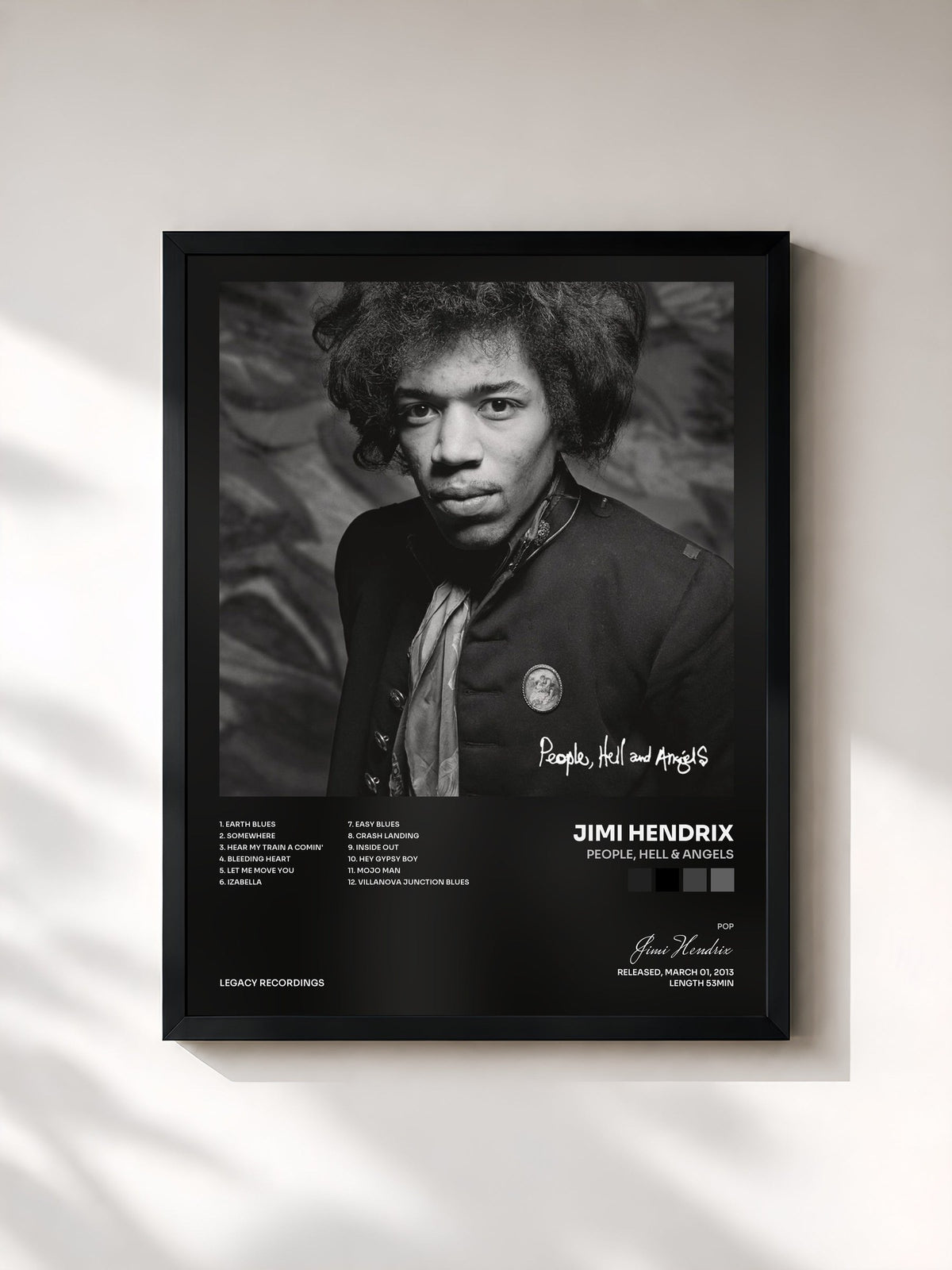 #noir Tableau de l'album People, Hell & Angels de Jimi Hendrix, cadre noir, imprimé et encadré en France
