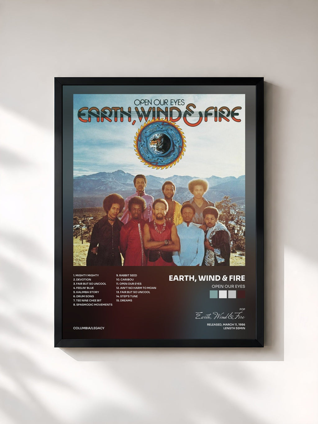 #noir Open Our Eyes von Earth, Wind & Fire als gerahmter Kunstdruck, schwarzer Rahmen, gedruckt und gerahmt in Frankreich