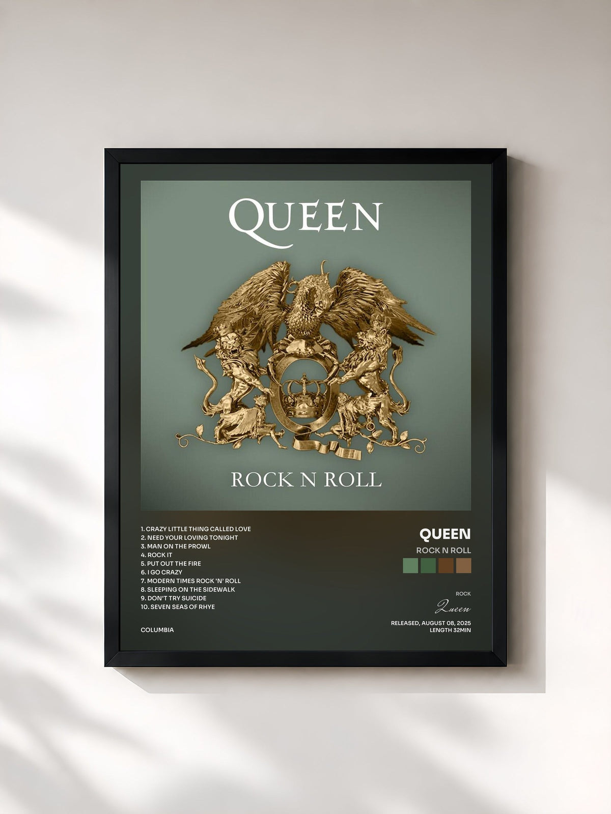 #noir Tableau de l'album Rock N Roll de Queen, cadre noir, imprimé et encadré en France