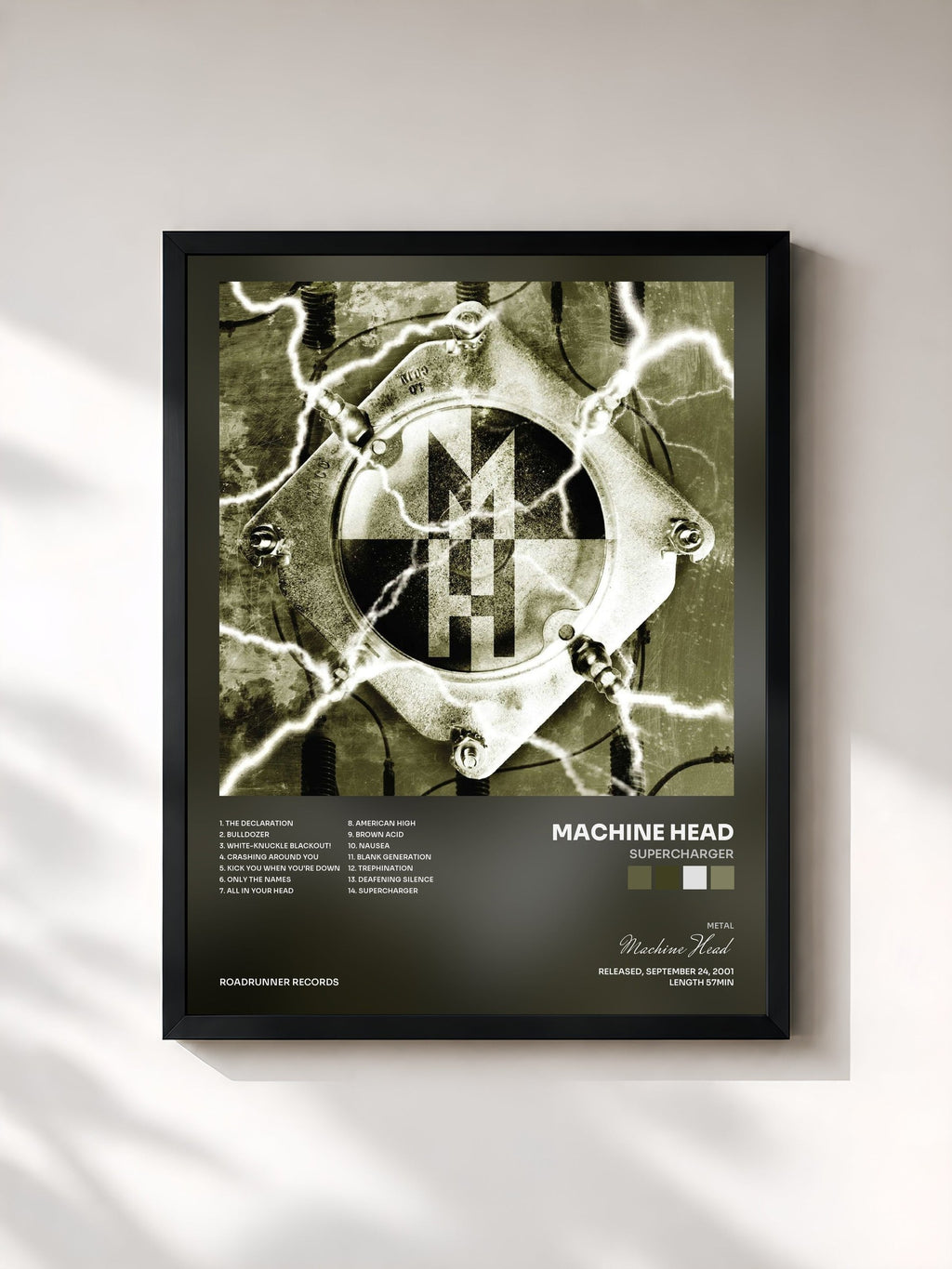 #noir Tableau de l'album Supercharger de Machine Head, cadre noir, imprimé et encadré en France