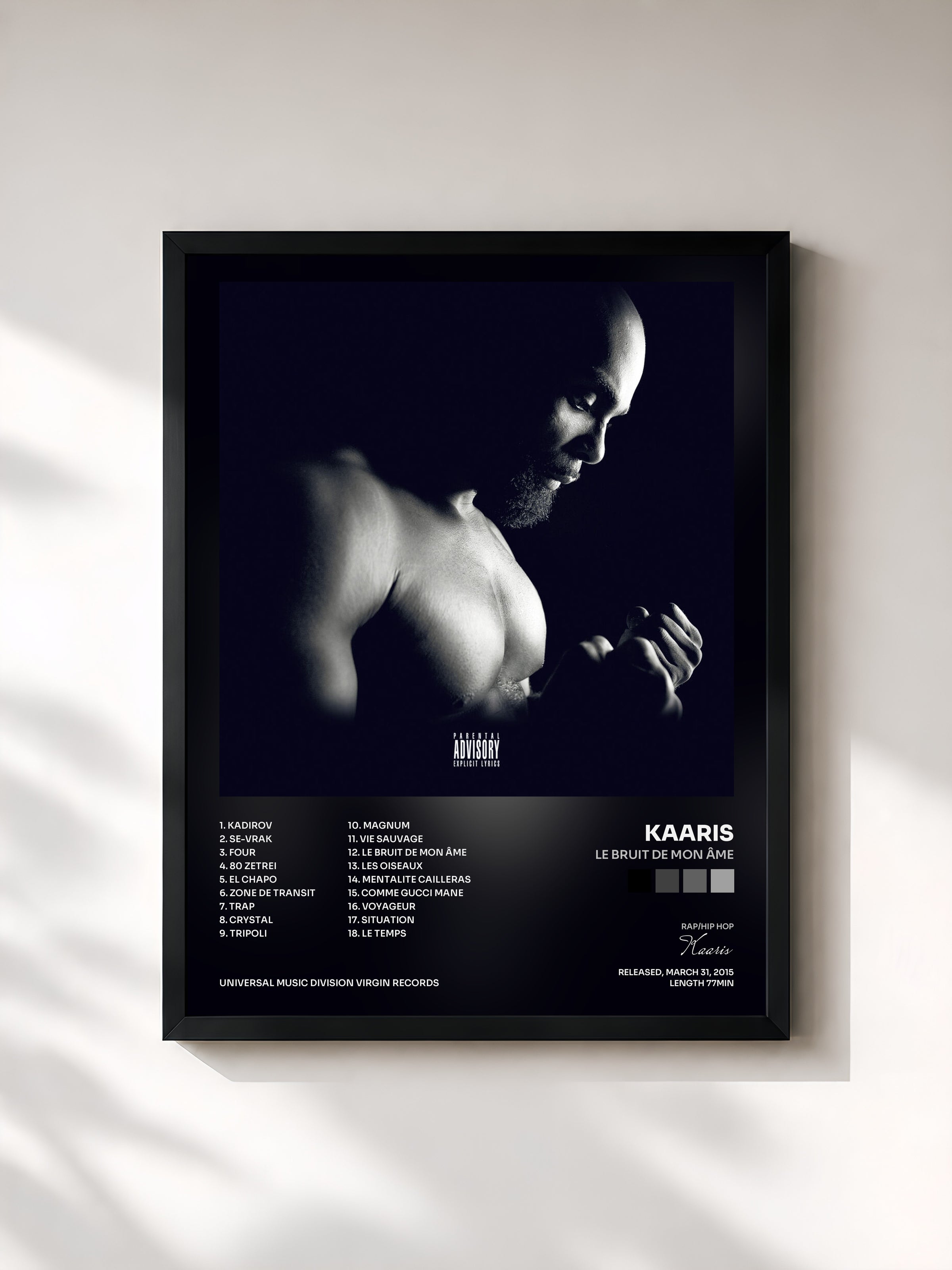 #noir Tableau de l'album Le bruit de mon âme de Kaaris, cadre noir, imprimé et encadré en France