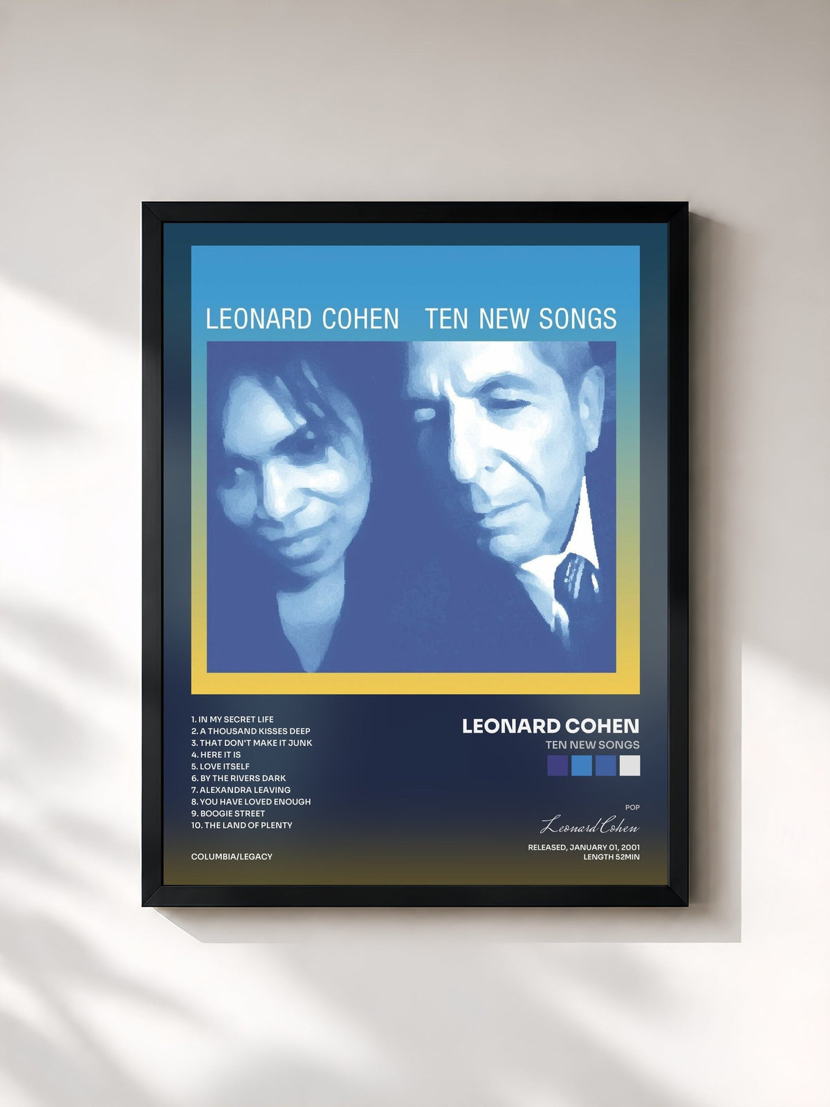 #noir Tableau de l'album Ten New Songs de Leonard Cohen, cadre noir, imprimé et encadré en France
