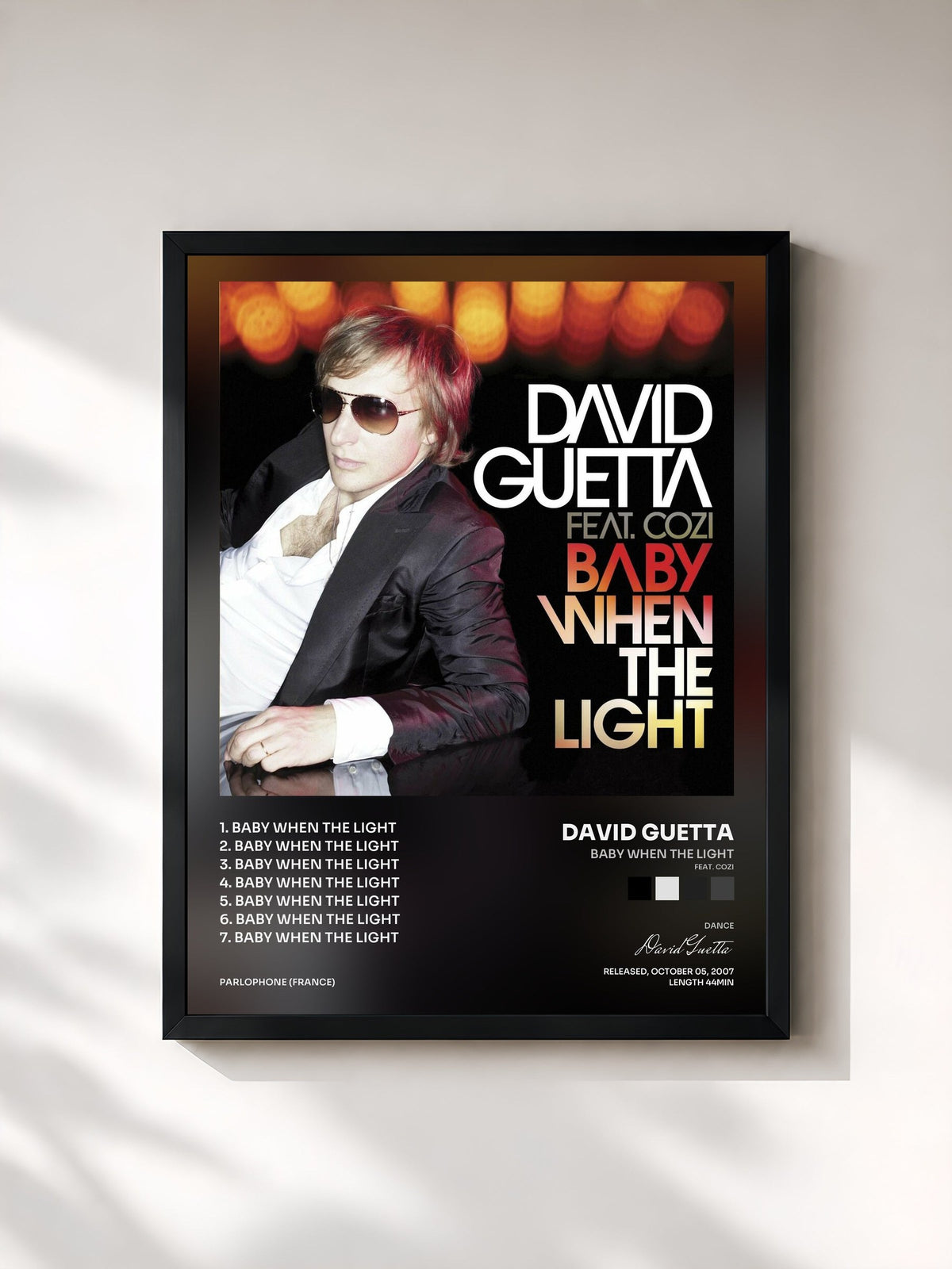 #noir Tableau de l'album Baby When The Light (feat. Cozi) de David Guetta, cadre noir, imprimé et encadré en France