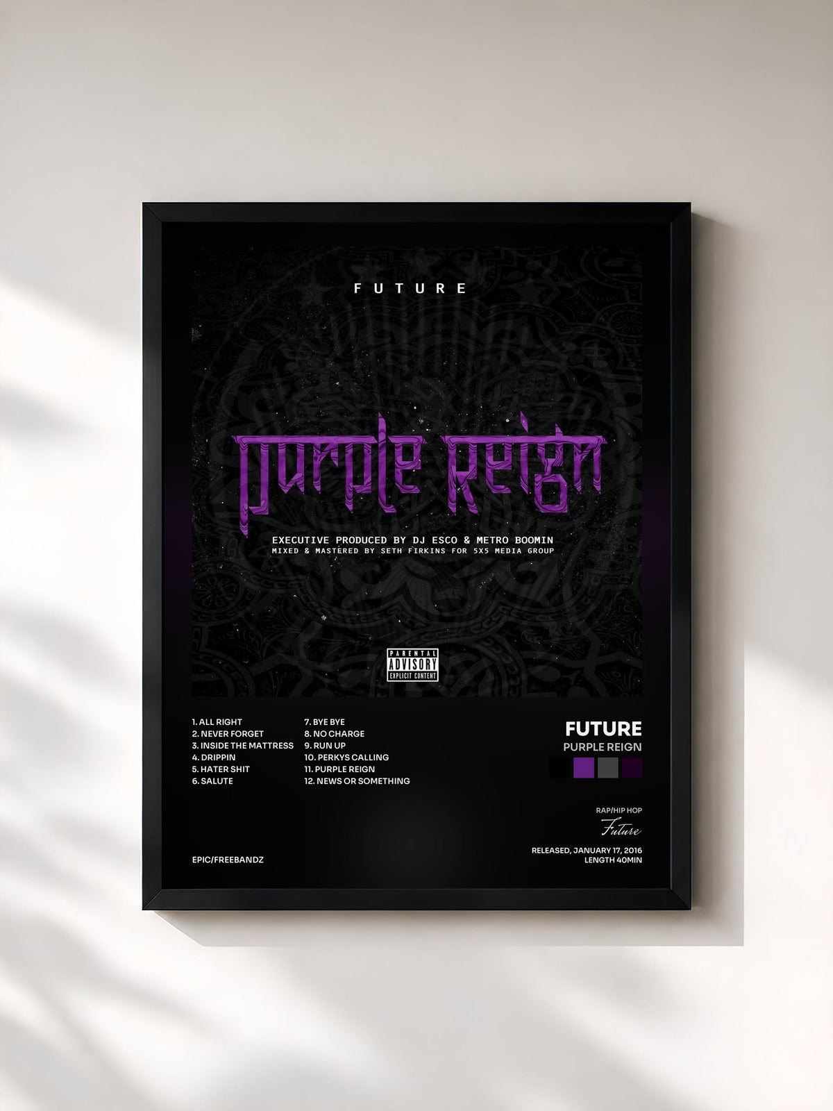 #noir Tableau de l'album Purple Reign de Future, cadre noir, imprimé et encadré en France