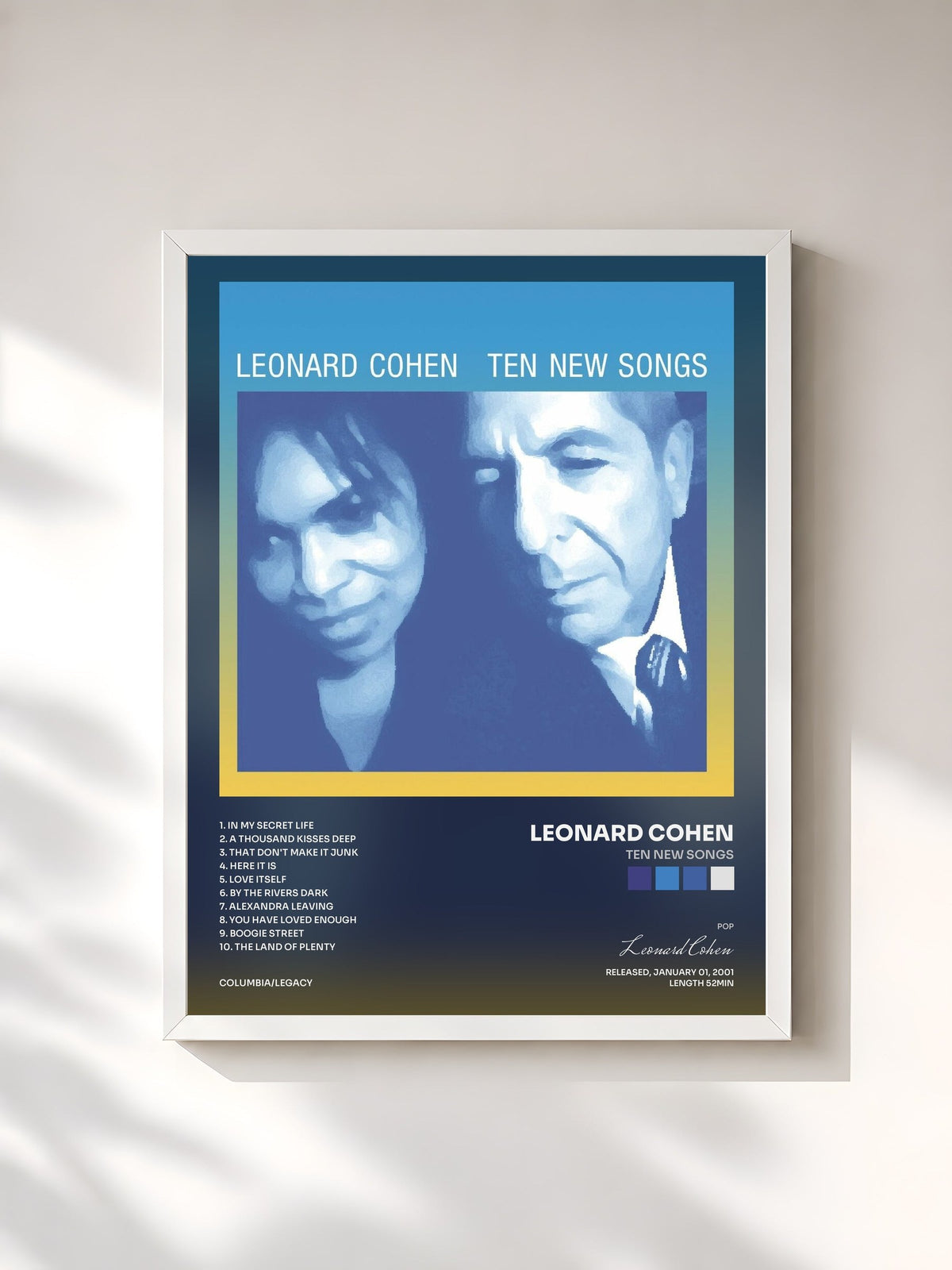 #blanc Tableau de l'album Ten New Songs de Leonard Cohen, cadre blanc, imprimé et encadré en France